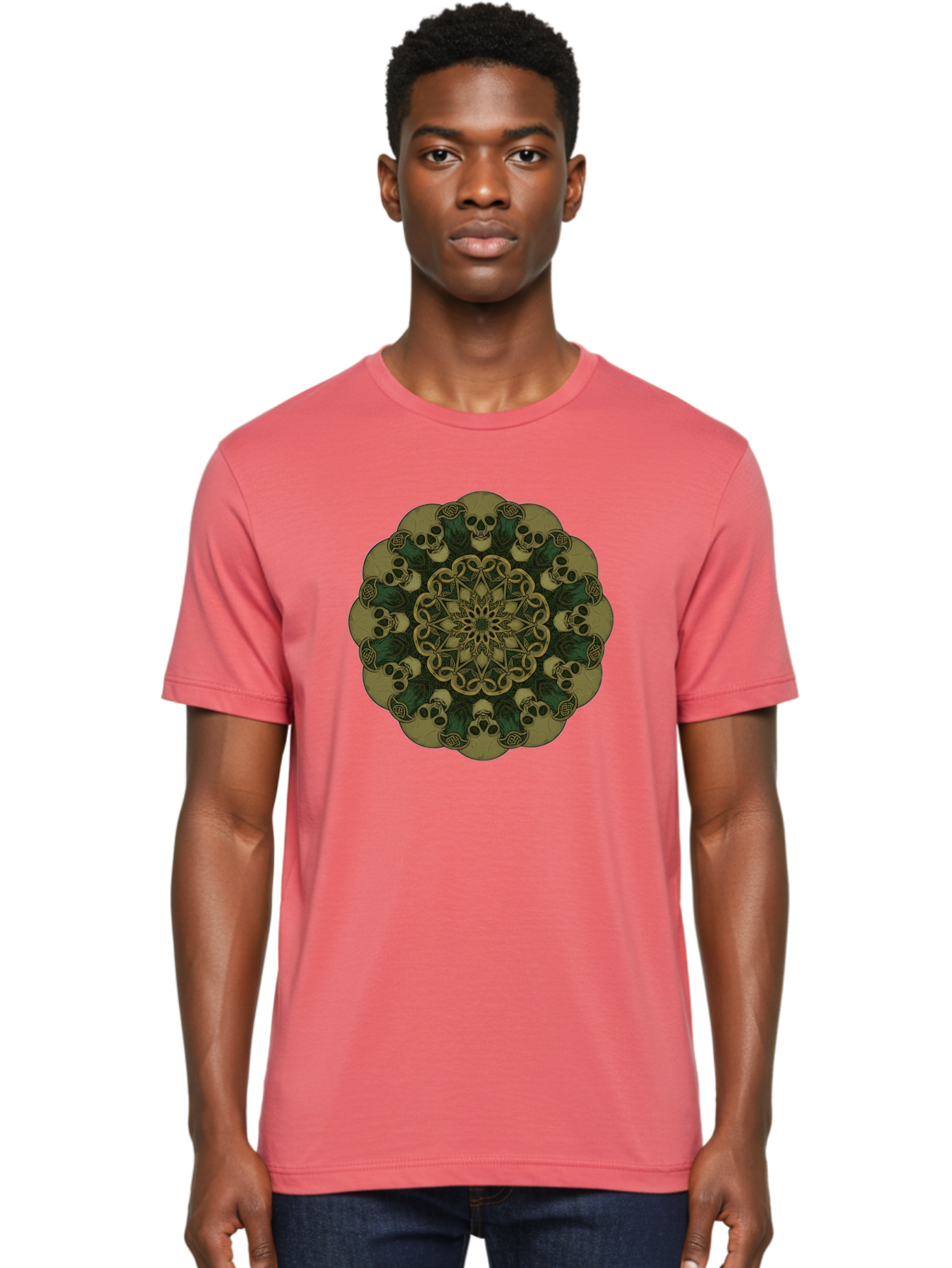 Skull-Mandala-1 Men'S Graphic Tee, 100% Cotton, Comfortable Casual Summer Wear, Machine Washable, Skull Mandala, Intricate Design, Mystic Symbols, Gothic Art, Skulls, Mandala Pattern, Mystical Imagery, Symbolic Art, Dark Mysticism Bad595