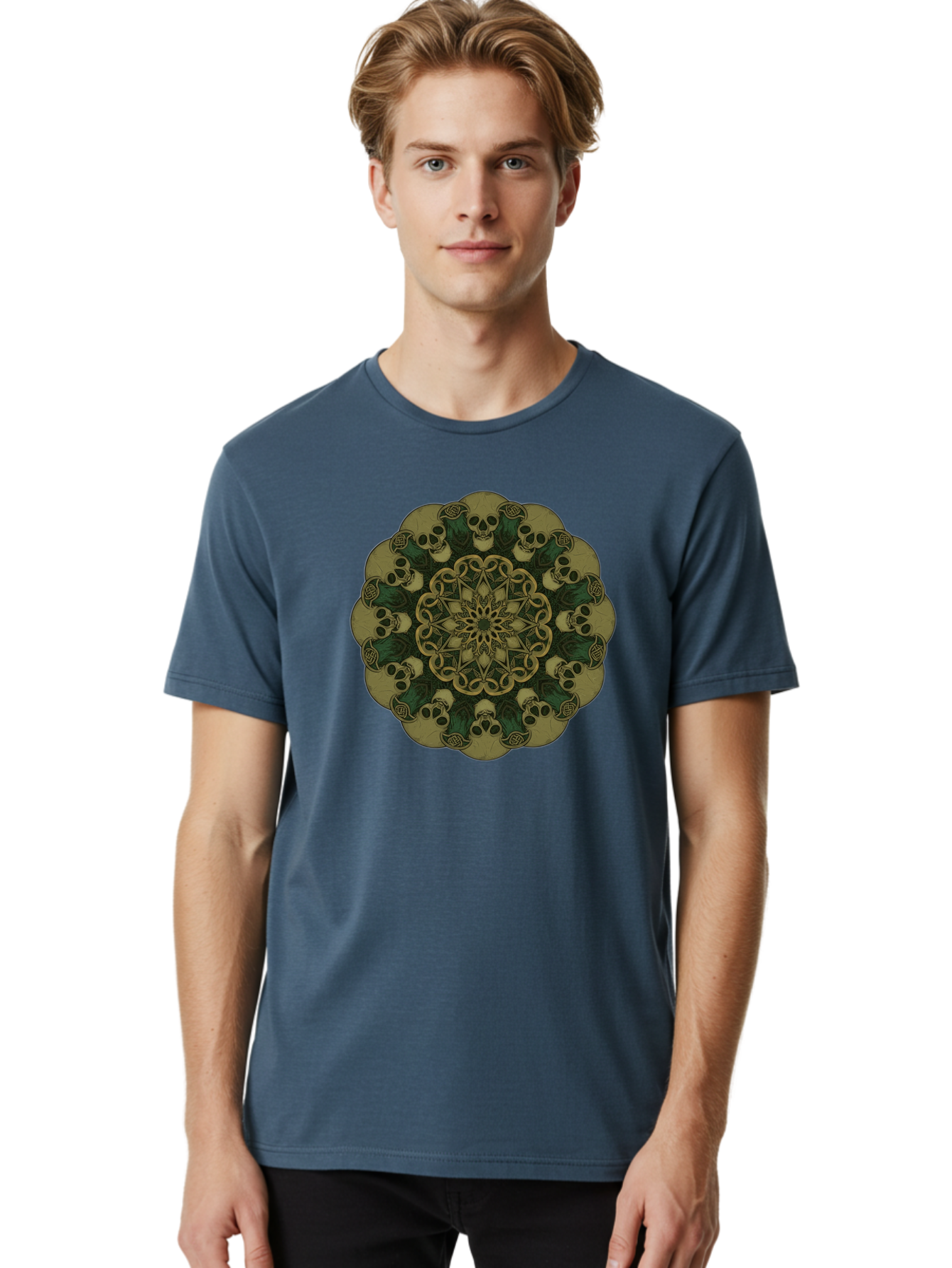 Skull-Mandala-1 Men'S Graphic Tee, 100% Cotton, Comfortable Casual Summer Wear, Machine Washable, Skull Mandala, Intricate Design, Mystic Symbols, Gothic Art, Skulls, Mandala Pattern, Mystical Imagery, Symbolic Art, Dark Mysticism Bad595