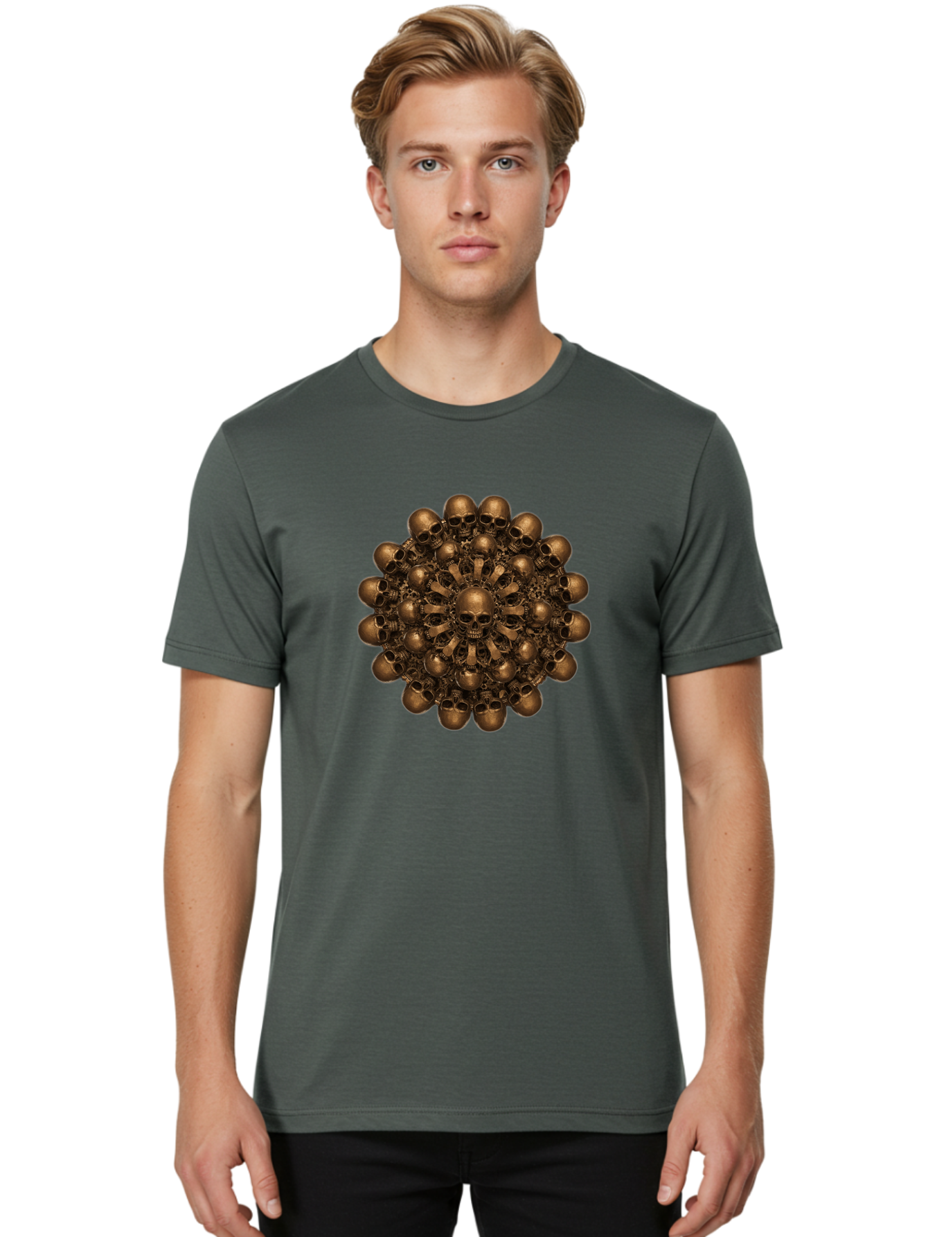 Skull-Mandala-2 Men'S Graphic Tee, 100% Cotton, Comfortable Casual Summer Wear, Machine Washable, Mandala Design, Skull Art, Bronze Skulls, Intricate Pattern, Symmetrical Composition, Dark Art, Gothic Decor, Skull Motif, Mystical Symbolism Bad596