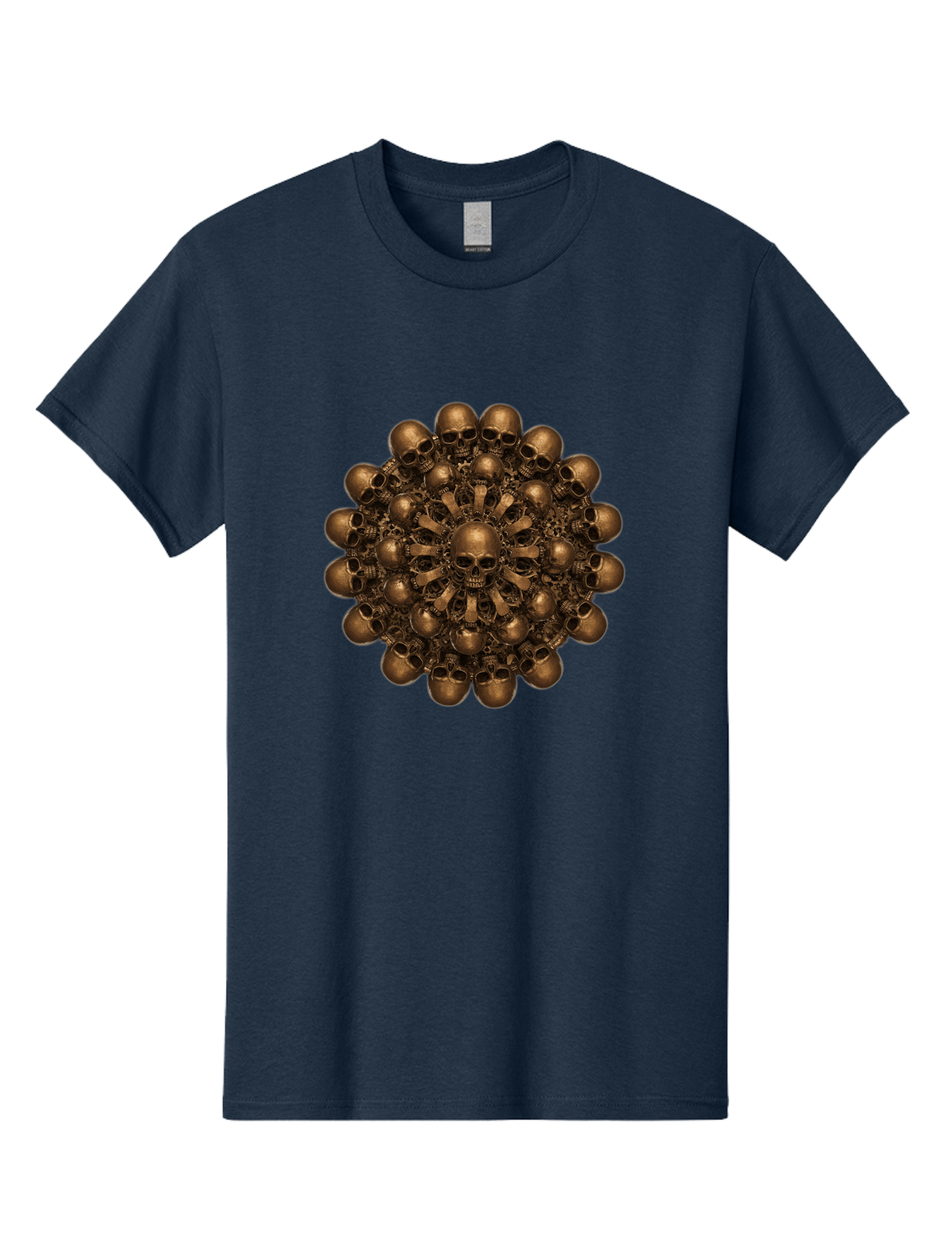 Skull-Mandala-2 Men'S Graphic Tee, 100% Cotton, Comfortable Casual Summer Wear, Machine Washable, Mandala Design, Skull Art, Bronze Skulls, Intricate Pattern, Symmetrical Composition, Dark Art, Gothic Decor, Skull Motif, Mystical Symbolism Bad596