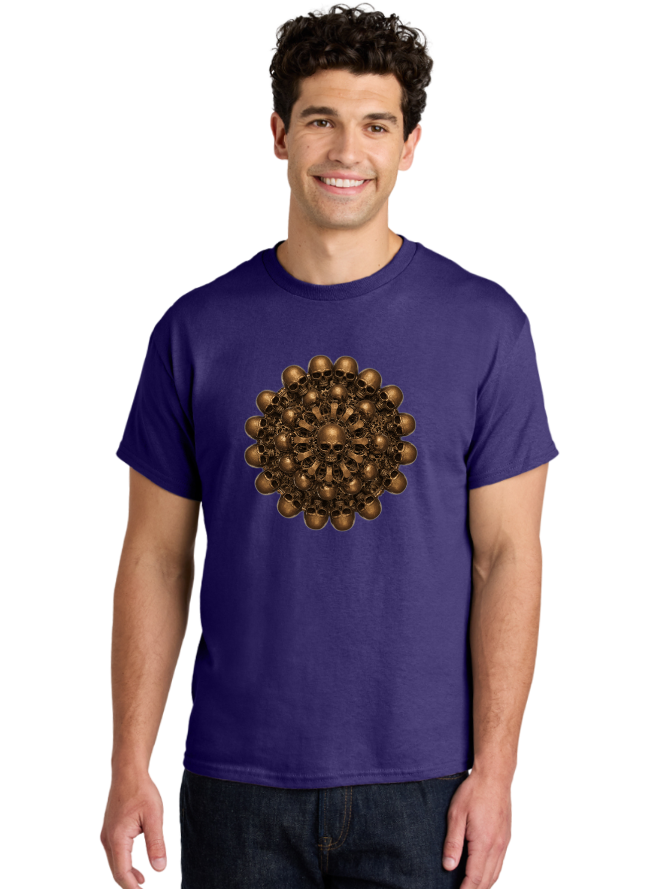 Skull-Mandala-2 Men'S Graphic Tee, 100% Cotton, Comfortable Casual Summer Wear, Machine Washable, Mandala Design, Skull Art, Bronze Skulls, Intricate Pattern, Symmetrical Composition, Dark Art, Gothic Decor, Skull Motif, Mystical Symbolism Bad596