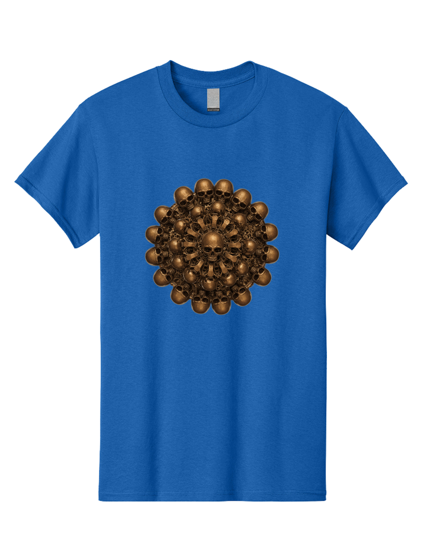 Skull-Mandala-2 Men'S Graphic Tee, 100% Cotton, Comfortable Casual Summer Wear, Machine Washable, Mandala Design, Skull Art, Bronze Skulls, Intricate Pattern, Symmetrical Composition, Dark Art, Gothic Decor, Skull Motif, Mystical Symbolism Bad596