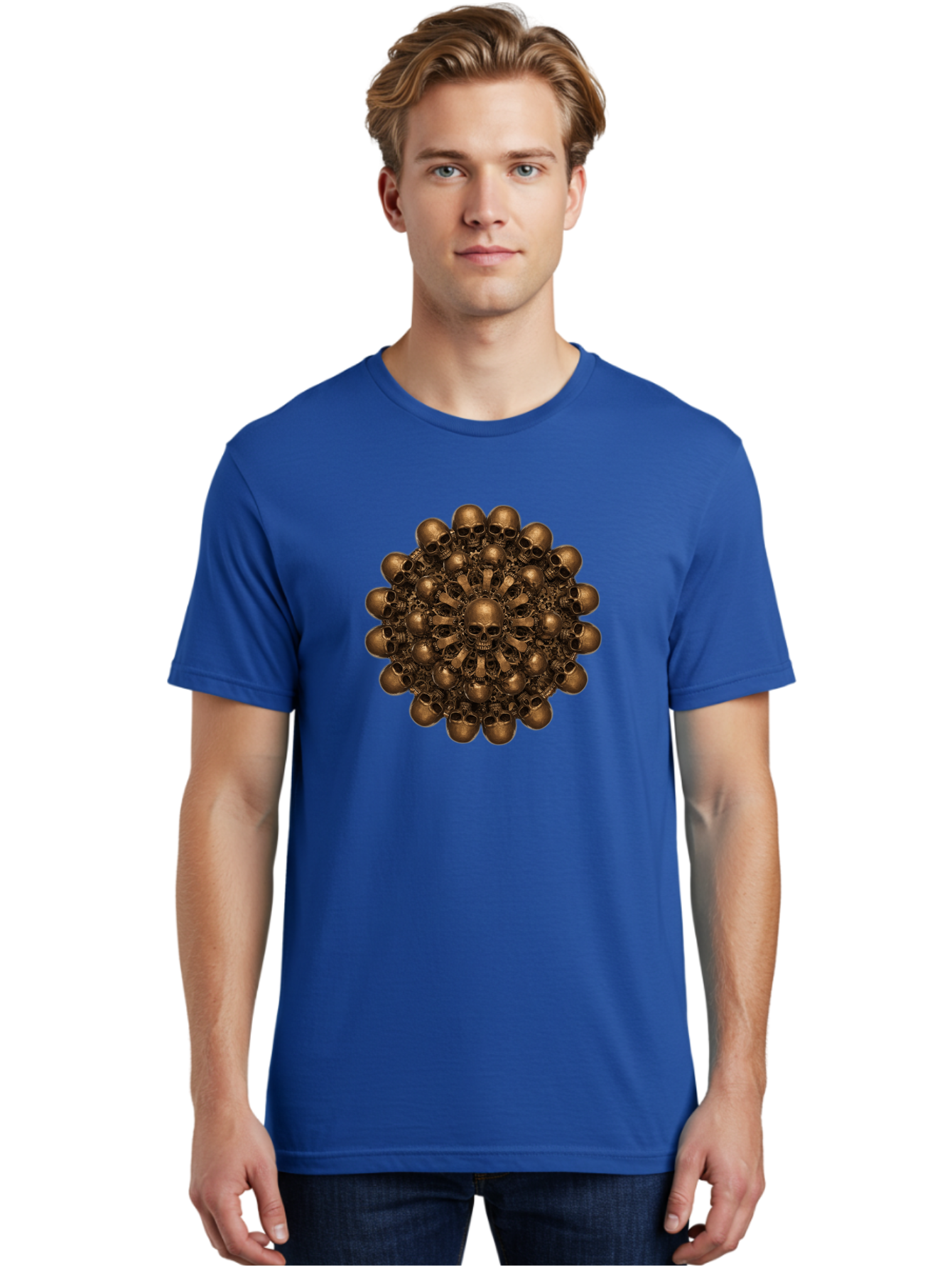 Skull-Mandala-2 Men'S Graphic Tee, 100% Cotton, Comfortable Casual Summer Wear, Machine Washable, Mandala Design, Skull Art, Bronze Skulls, Intricate Pattern, Symmetrical Composition, Dark Art, Gothic Decor, Skull Motif, Mystical Symbolism Bad596