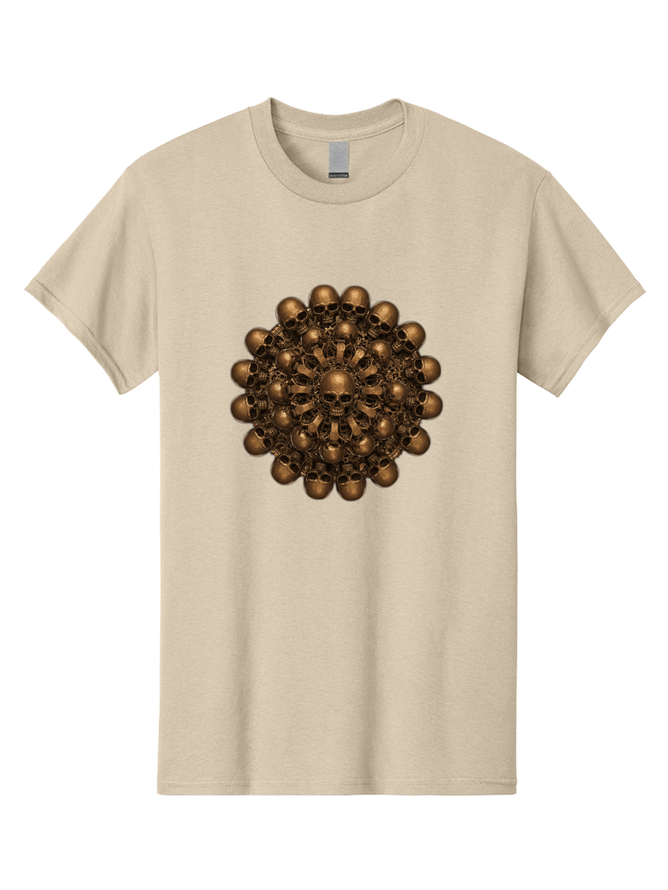 Skull-Mandala-2 Men'S Graphic Tee, 100% Cotton, Comfortable Casual Summer Wear, Machine Washable, Mandala Design, Skull Art, Bronze Skulls, Intricate Pattern, Symmetrical Composition, Dark Art, Gothic Decor, Skull Motif, Mystical Symbolism Bad596