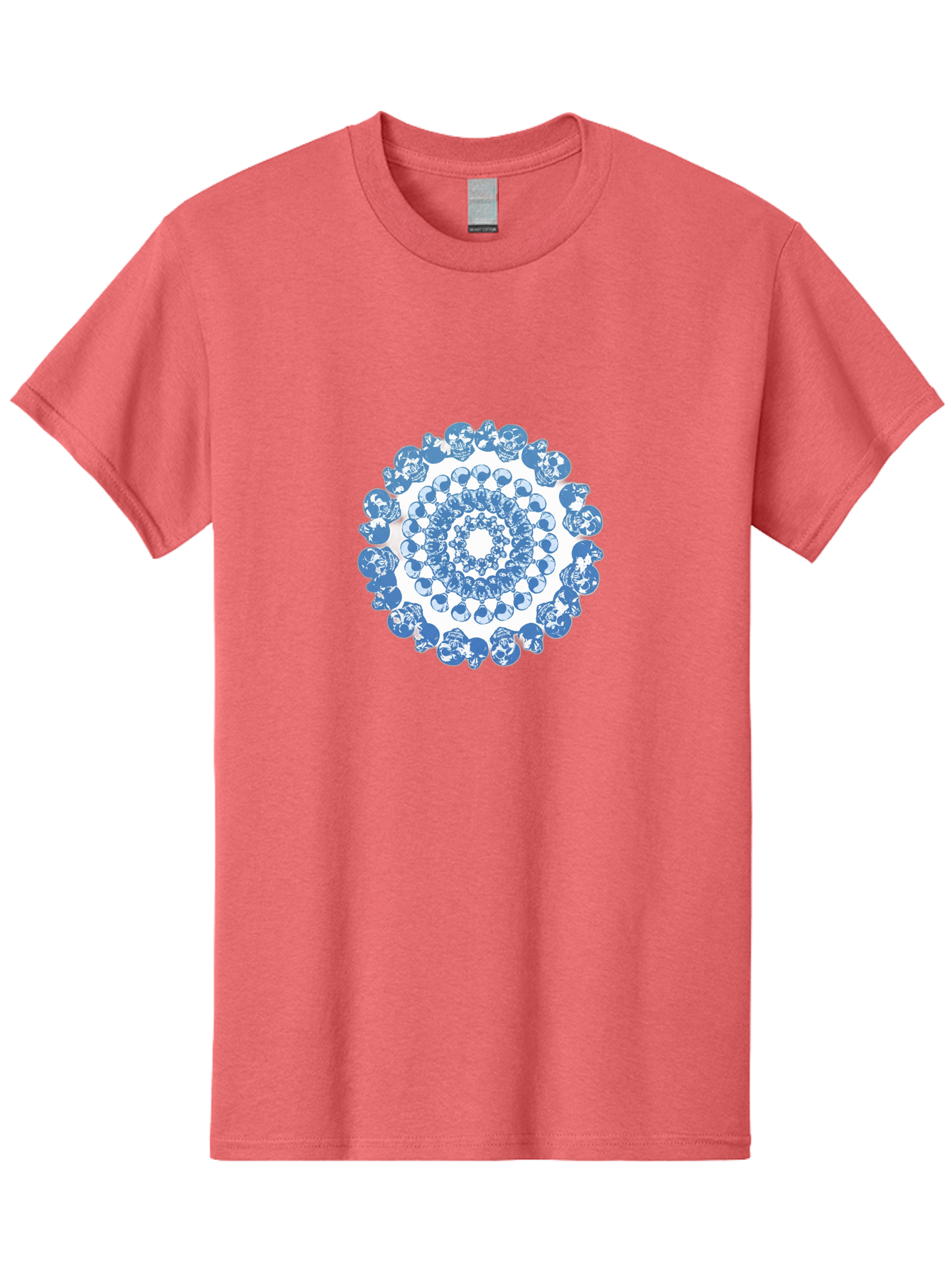 Skull-Mandala-3 Men'S Graphic Tee, 100% Cotton, Comfortable Casual Summer Wear, Machine Washable, Blue And White Mandala, Intricate Illustrations, Stylized Human Heads, Concentric Pattern, Abstract Artwork, Surrealism, Artistic Expression, Bad597
