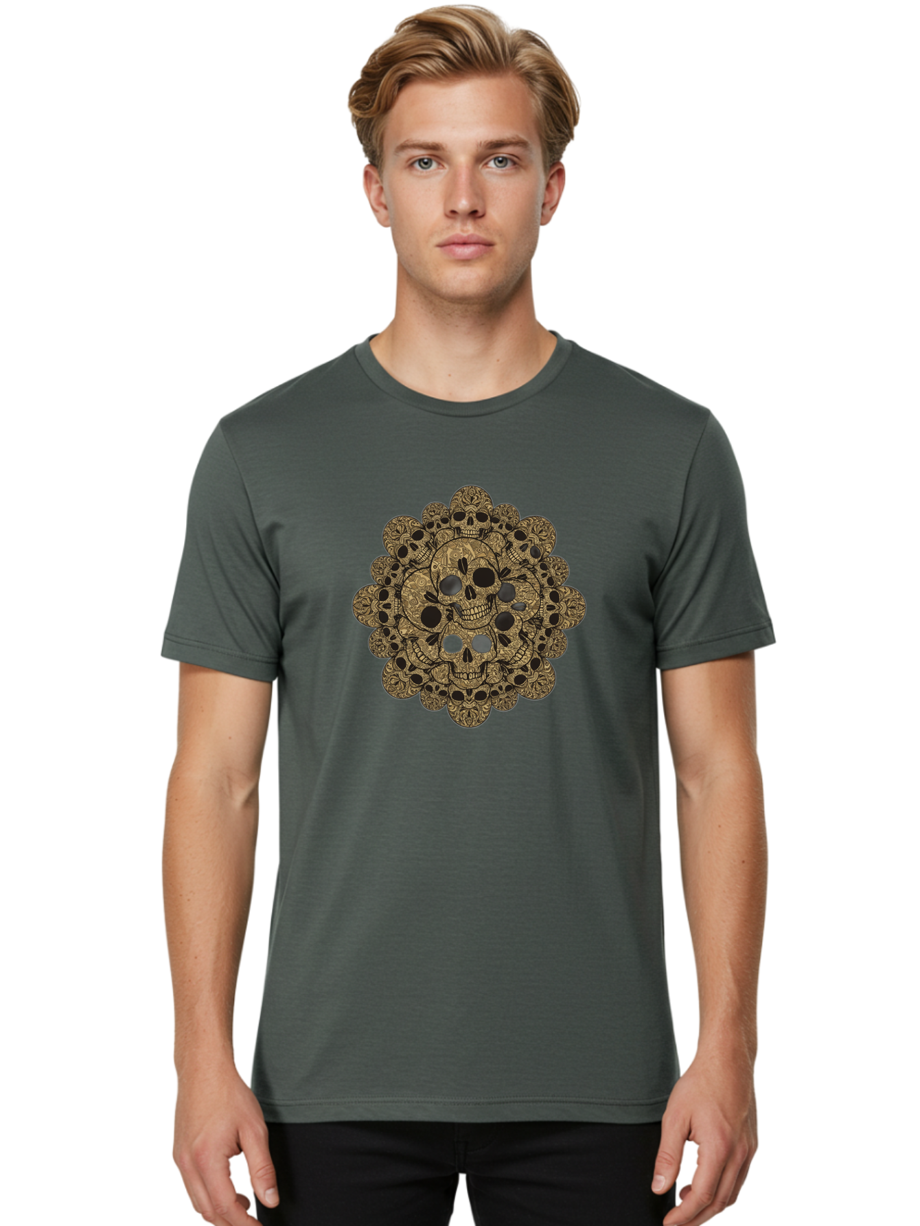 Skull-Mandala-4 Men'S Graphic Tee, 100% Cotton, Comfortable Casual Summer Wear, Machine Washable, Sugar Skulls, Floral Skull Design, Intricate Patterns, Day Of The Dead, Mexican Culture, Symbolic Art, Ornate Skulls Bad598