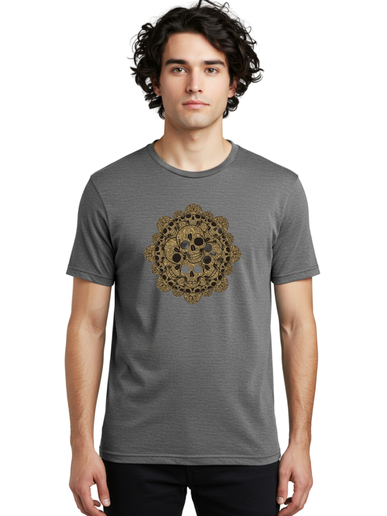 Skull-Mandala-4 Men'S Graphic Tee, 100% Cotton, Comfortable Casual Summer Wear, Machine Washable, Sugar Skulls, Floral Skull Design, Intricate Patterns, Day Of The Dead, Mexican Culture, Symbolic Art, Ornate Skulls Bad598