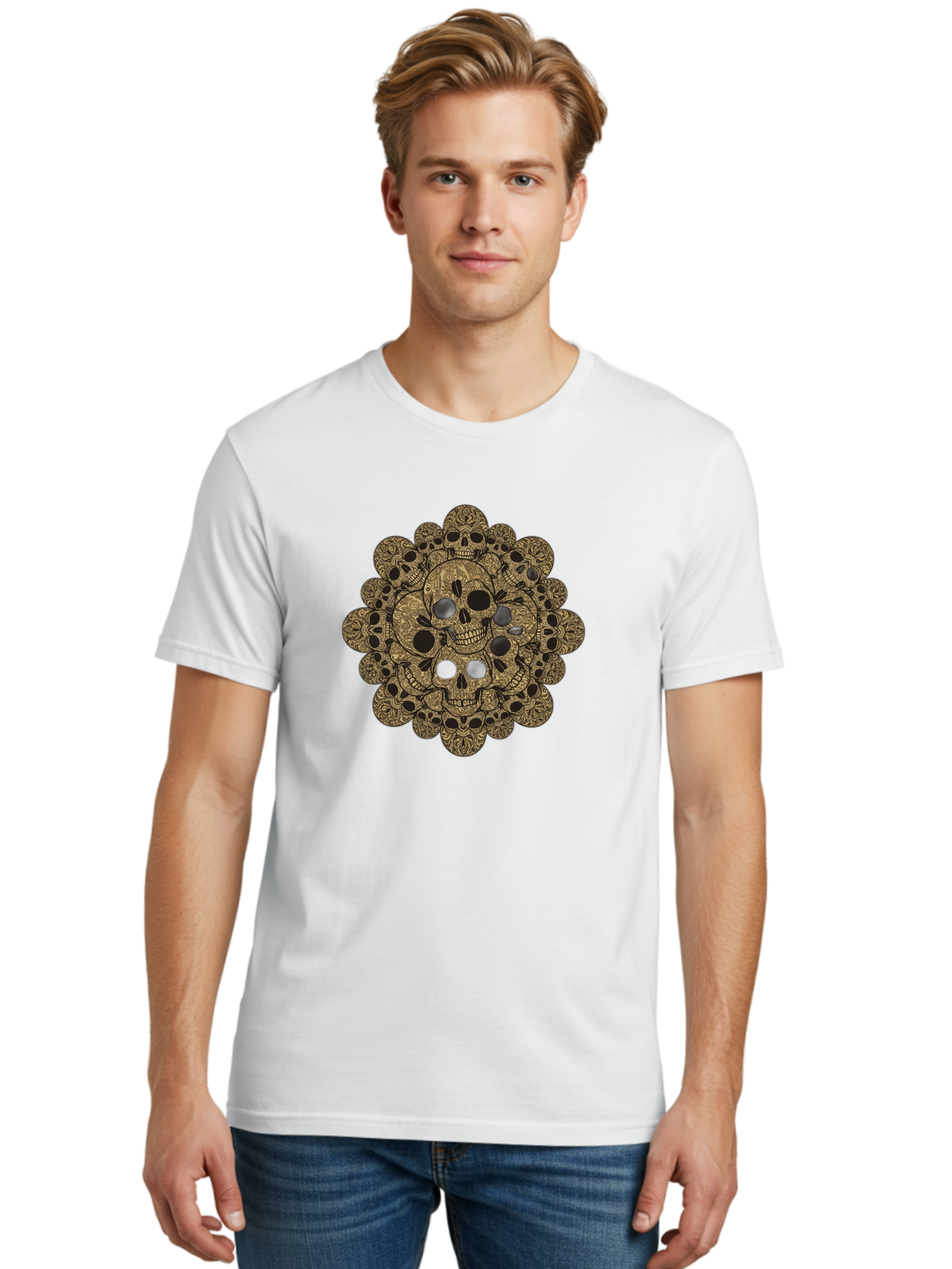 Skull-Mandala-4 Men'S Graphic Tee, 100% Cotton, Comfortable Casual Summer Wear, Machine Washable, Sugar Skulls, Floral Skull Design, Intricate Patterns, Day Of The Dead, Mexican Culture, Symbolic Art, Ornate Skulls Bad598