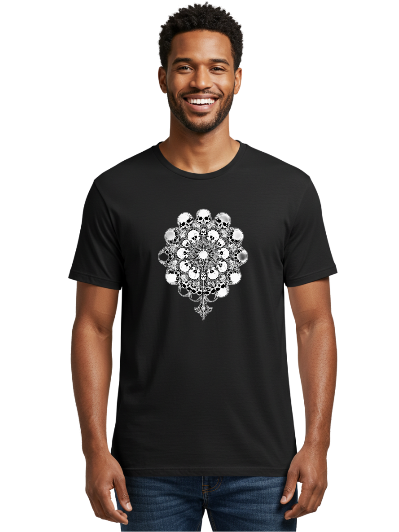 Skull-Mandala-5 Men'S Graphic Tee, 100% Cotton, Comfortable Casual Summer Wear, Machine Washable, Skull Art, Mandala Design, Intricate Patterns, Floral Motifs, Death Symbolism, Mystical Imagery, Gothic Style, Dark Art, Ornate Details Bad599