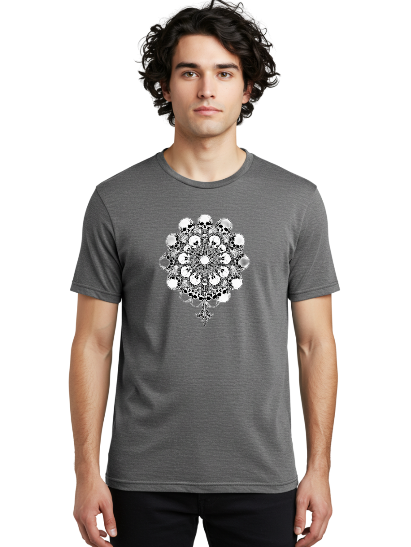 Skull-Mandala-5 Men'S Graphic Tee, 100% Cotton, Comfortable Casual Summer Wear, Machine Washable, Skull Art, Mandala Design, Intricate Patterns, Floral Motifs, Death Symbolism, Mystical Imagery, Gothic Style, Dark Art, Ornate Details Bad599