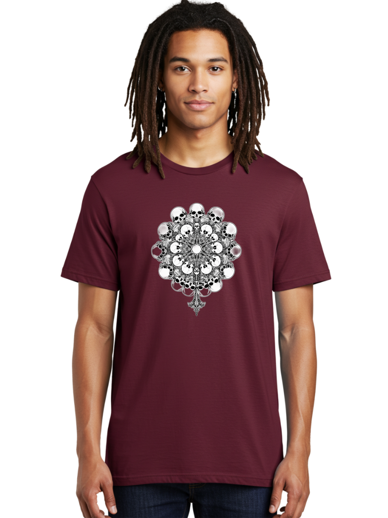 Skull-Mandala-5 Men'S Graphic Tee, 100% Cotton, Comfortable Casual Summer Wear, Machine Washable, Skull Art, Mandala Design, Intricate Patterns, Floral Motifs, Death Symbolism, Mystical Imagery, Gothic Style, Dark Art, Ornate Details Bad599