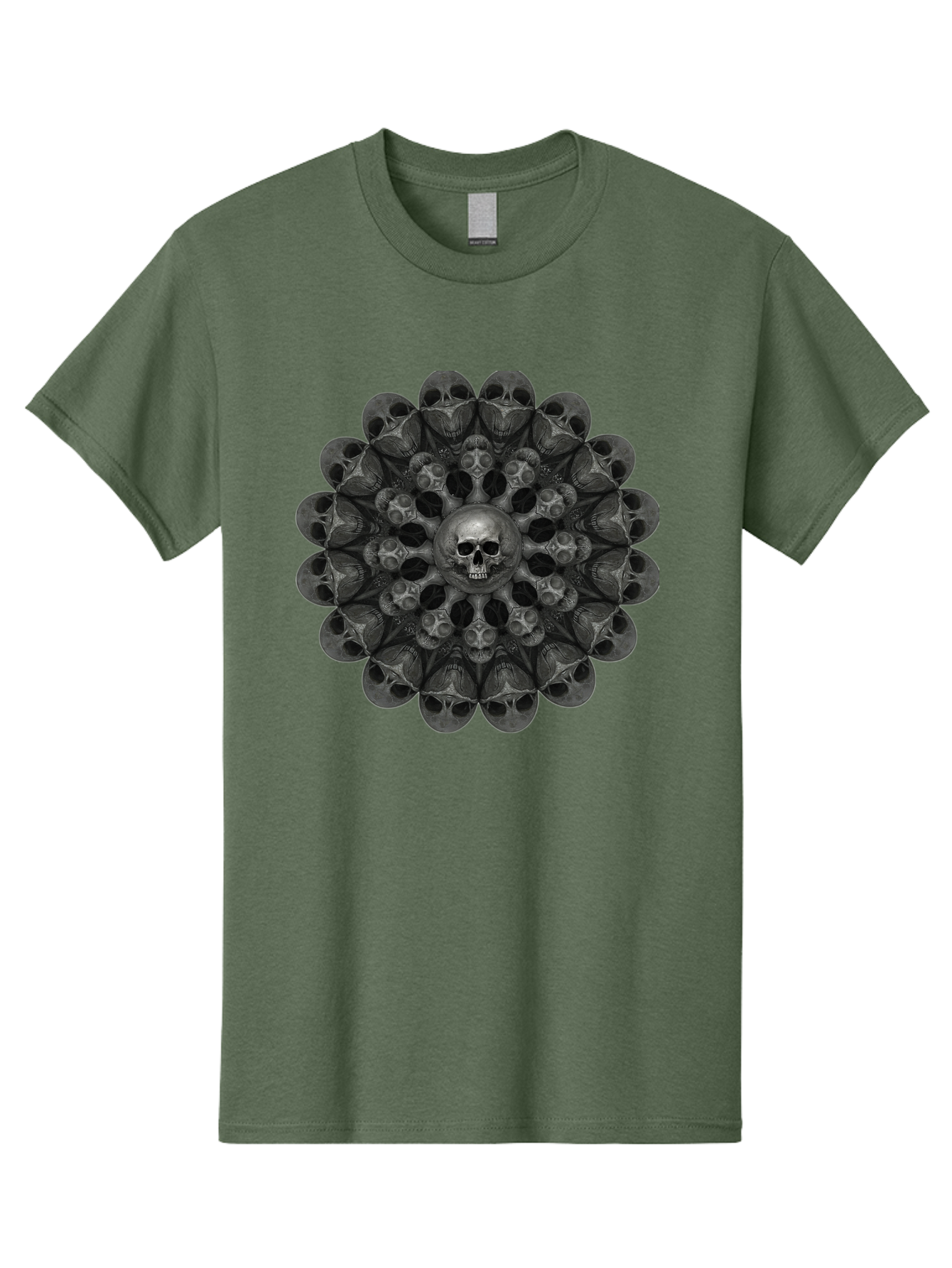 Skull-Mandala-6 Men'S Graphic Tee, 100% Cotton, Comfortable Casual Summer Wear, Machine Washable, Mandala Skull, Skull Pattern, Multiple Skulls, Gothic Art, Dark Art, Surrealism, Symbolic Imagery, Intricate Design, Mysticism, Bad600