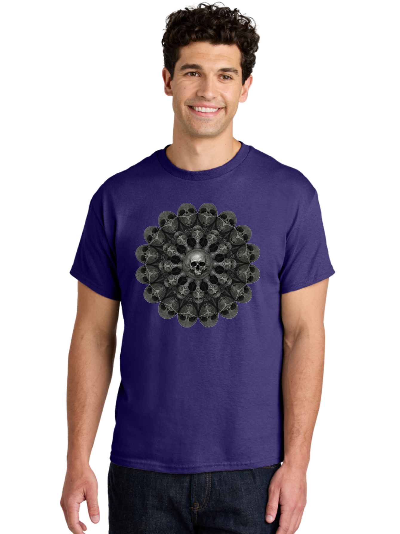 Skull-Mandala-6 Men'S Graphic Tee, 100% Cotton, Comfortable Casual Summer Wear, Machine Washable, Mandala Skull, Skull Pattern, Multiple Skulls, Gothic Art, Dark Art, Surrealism, Symbolic Imagery, Intricate Design, Mysticism, Bad600