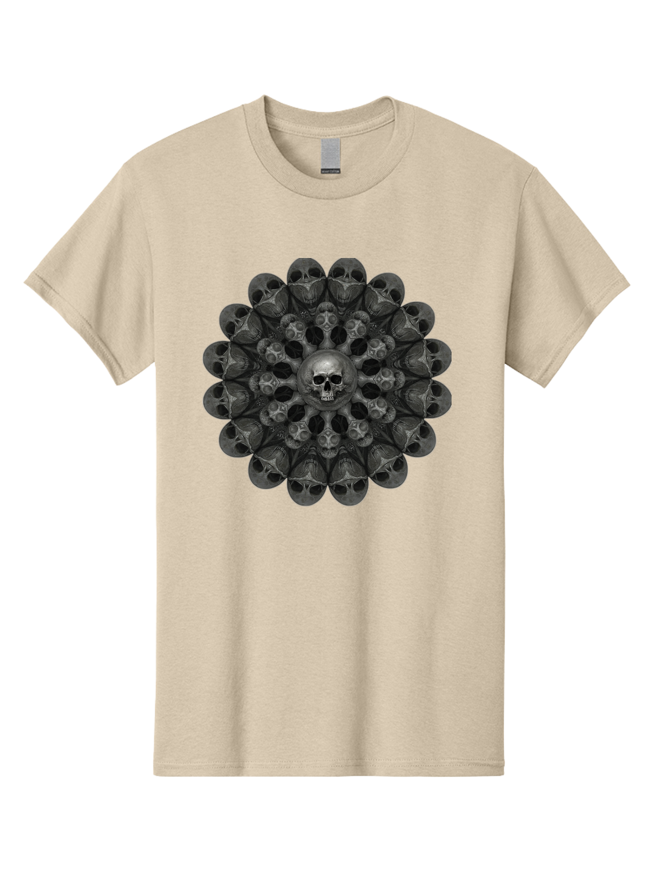 Skull-Mandala-6 Men'S Graphic Tee, 100% Cotton, Comfortable Casual Summer Wear, Machine Washable, Mandala Skull, Skull Pattern, Multiple Skulls, Gothic Art, Dark Art, Surrealism, Symbolic Imagery, Intricate Design, Mysticism, Bad600