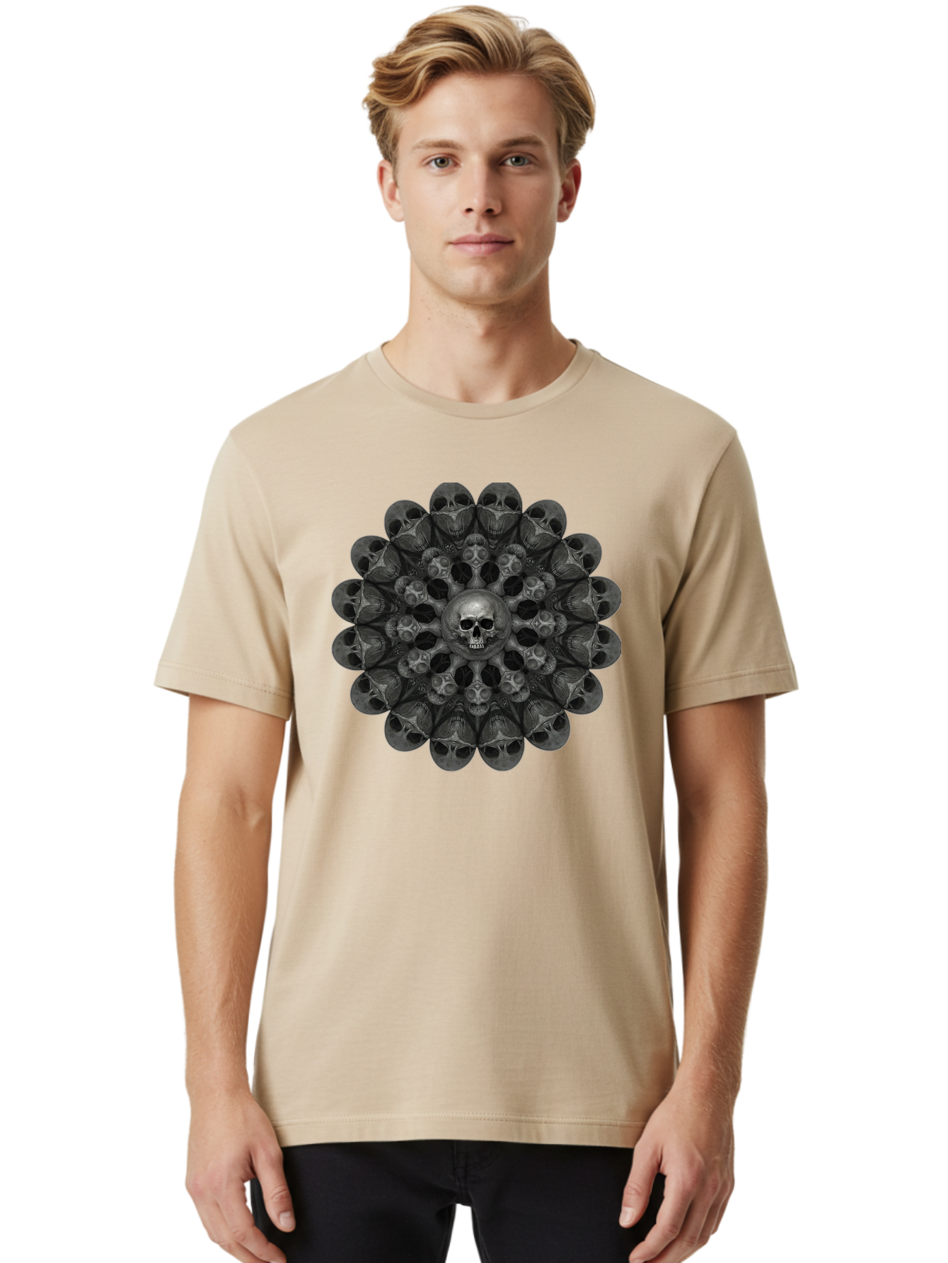 Skull-Mandala-6 Men'S Graphic Tee, 100% Cotton, Comfortable Casual Summer Wear, Machine Washable, Mandala Skull, Skull Pattern, Multiple Skulls, Gothic Art, Dark Art, Surrealism, Symbolic Imagery, Intricate Design, Mysticism, Bad600