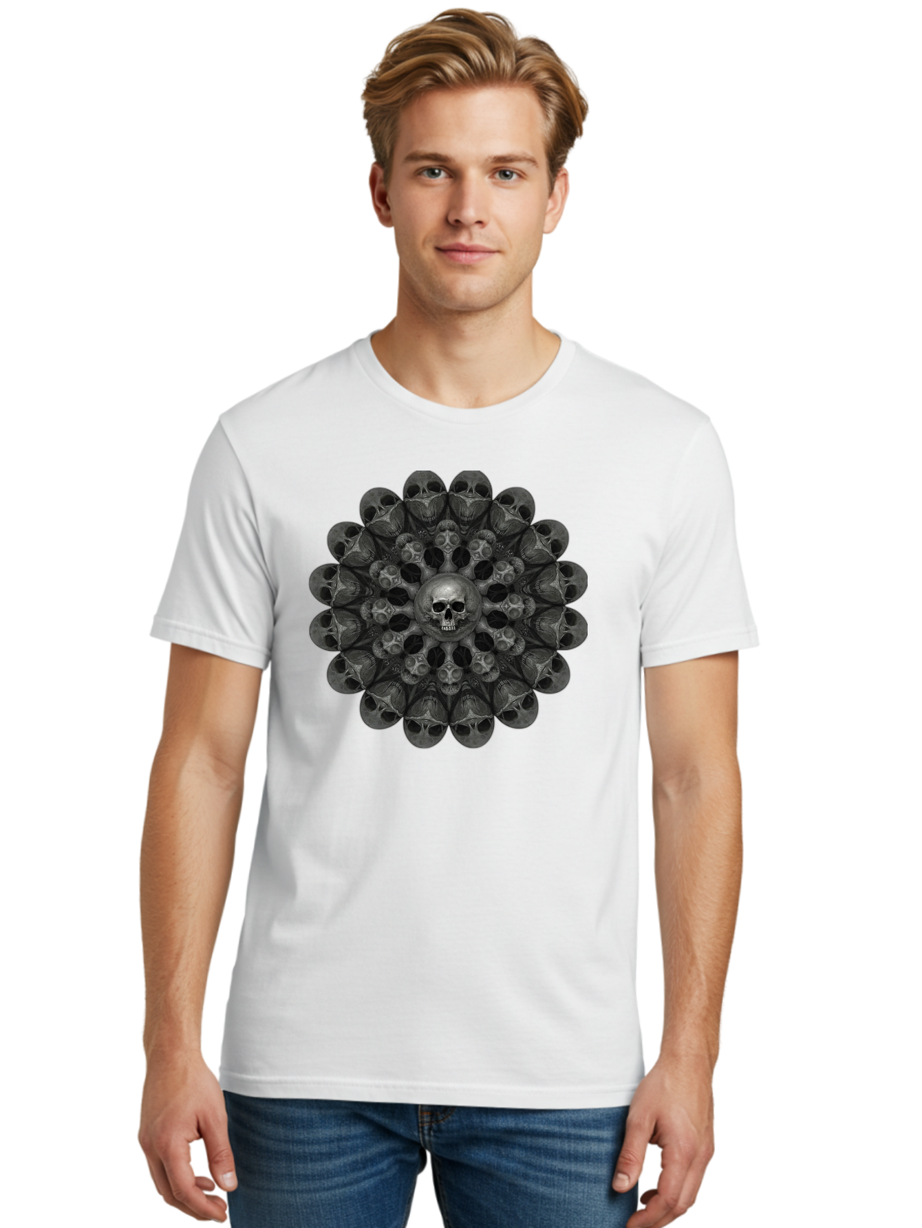 Skull-Mandala-6 Men'S Graphic Tee, 100% Cotton, Comfortable Casual Summer Wear, Machine Washable, Mandala Skull, Skull Pattern, Multiple Skulls, Gothic Art, Dark Art, Surrealism, Symbolic Imagery, Intricate Design, Mysticism, Bad600