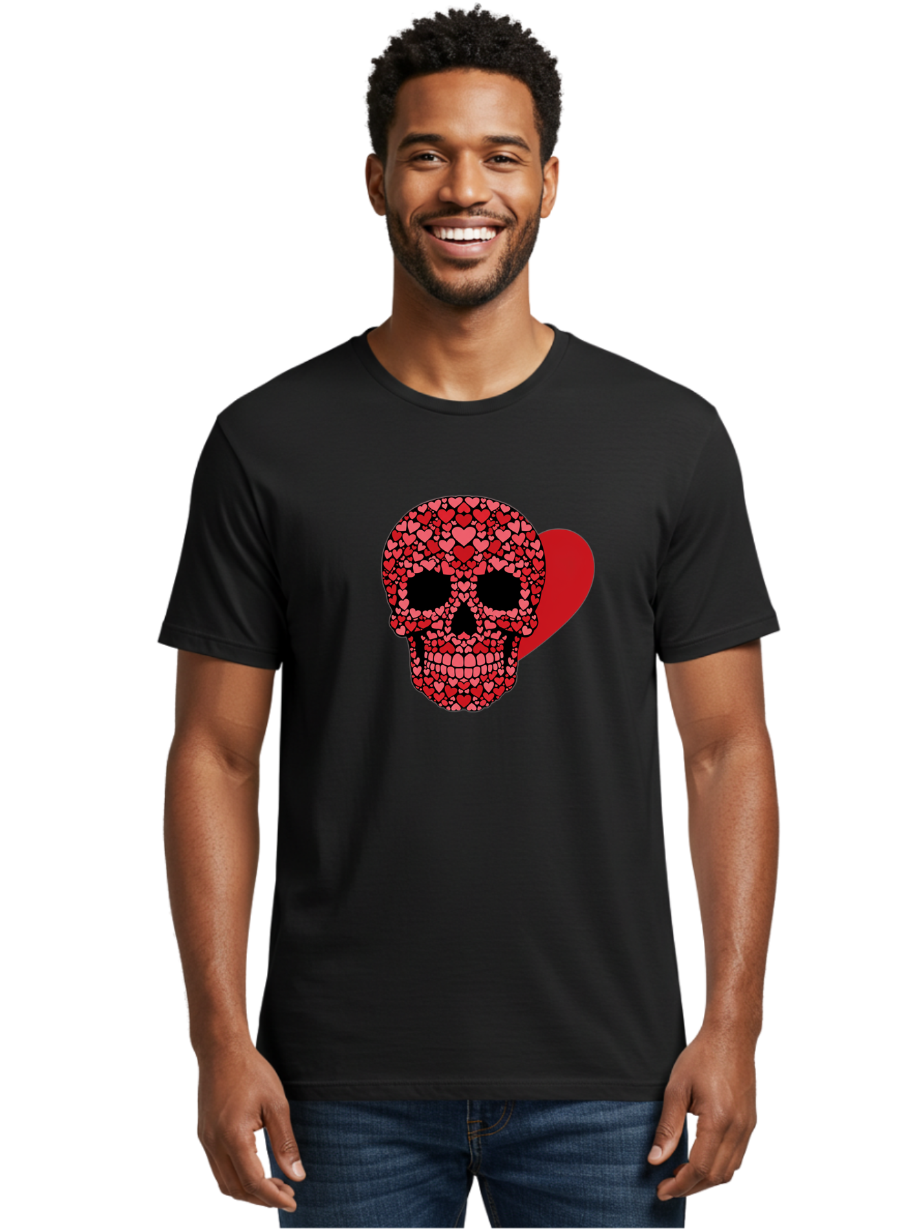 Skull-Of-Hearts Men'S Graphic Tee, 100% Cotton, Comfortable Casual Summer Wear, Machine Washable, Skull With Hearts, Heart-Shaped Skull Design, Sugar Skull Art, Red Hearts, Valentine'S Day Theme, Love Symbol, Heart Pattern, Skull Decoration, Bad603