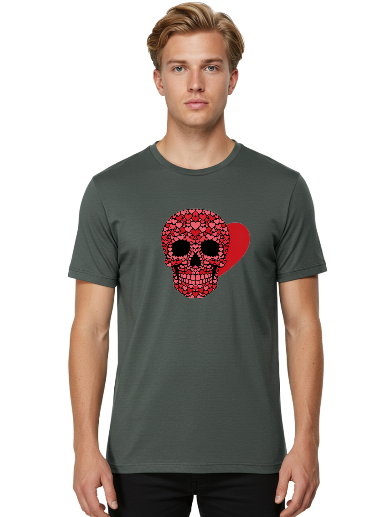 Skull-Of-Hearts Men'S Graphic Tee, 100% Cotton, Comfortable Casual Summer Wear, Machine Washable, Skull With Hearts, Heart-Shaped Skull Design, Sugar Skull Art, Red Hearts, Valentine'S Day Theme, Love Symbol, Heart Pattern, Skull Decoration, Bad603