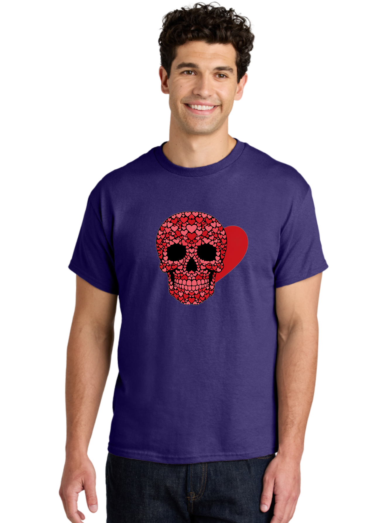 Skull-Of-Hearts Men'S Graphic Tee, 100% Cotton, Comfortable Casual Summer Wear, Machine Washable, Skull With Hearts, Heart-Shaped Skull Design, Sugar Skull Art, Red Hearts, Valentine'S Day Theme, Love Symbol, Heart Pattern, Skull Decoration, Bad603