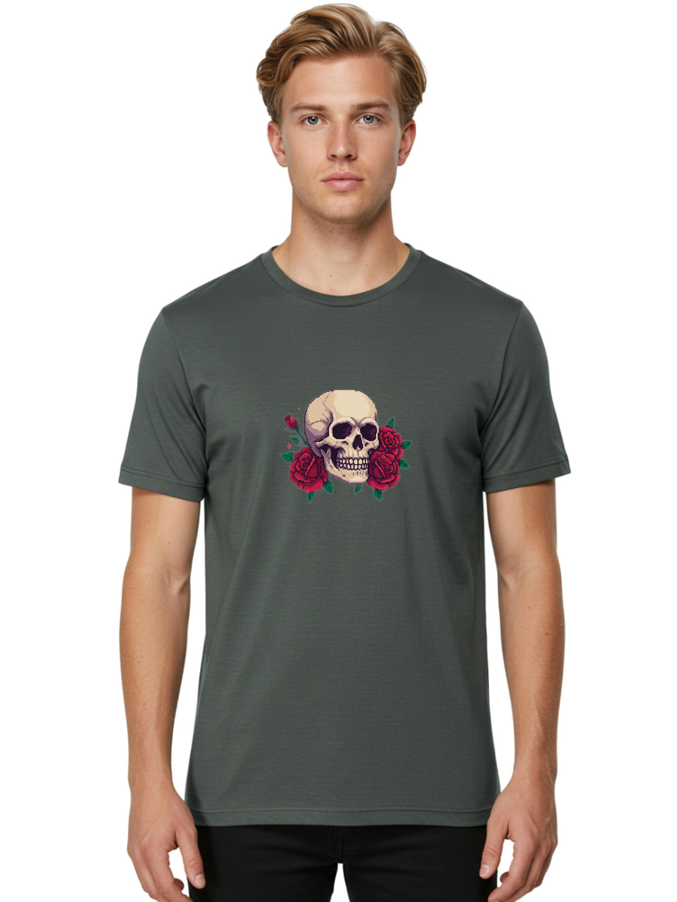 Skull-Pixel-Art Men'S Graphic Tee, 100% Cotton, Comfortable Casual Summer Wear, Machine Washable, Human Skull, Red Roses, Pixel Art, Gothic Style, Dark Beauty, Skull Decoration, Floral Skull, Goth Aesthetic, Pixelated Skull Bad604
