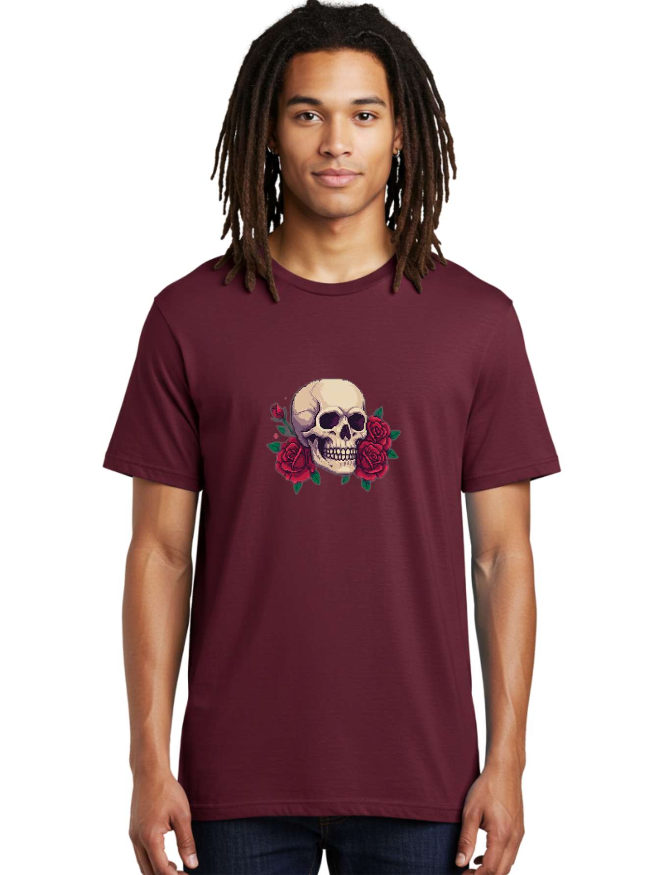 Skull-Pixel-Art Men'S Graphic Tee, 100% Cotton, Comfortable Casual Summer Wear, Machine Washable, Human Skull, Red Roses, Pixel Art, Gothic Style, Dark Beauty, Skull Decoration, Floral Skull, Goth Aesthetic, Pixelated Skull Bad604