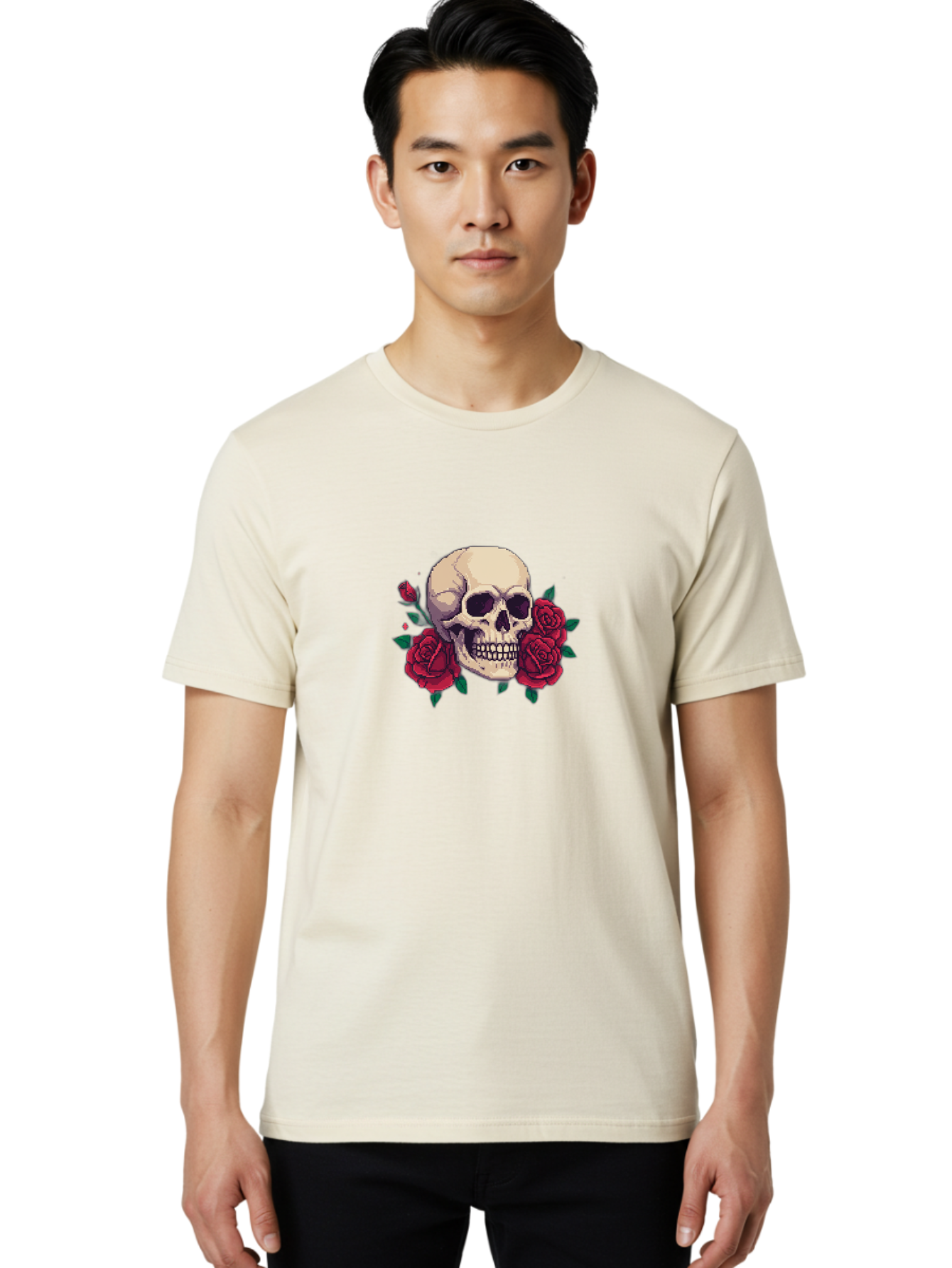 Skull-Pixel-Art Men'S Graphic Tee, 100% Cotton, Comfortable Casual Summer Wear, Machine Washable, Human Skull, Red Roses, Pixel Art, Gothic Style, Dark Beauty, Skull Decoration, Floral Skull, Goth Aesthetic, Pixelated Skull Bad604