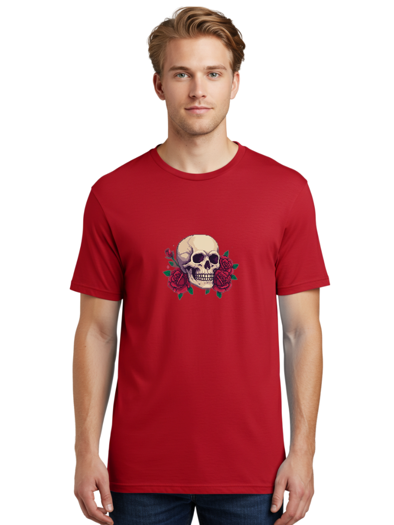 Skull-Pixel-Art Men'S Graphic Tee, 100% Cotton, Comfortable Casual Summer Wear, Machine Washable, Human Skull, Red Roses, Pixel Art, Gothic Style, Dark Beauty, Skull Decoration, Floral Skull, Goth Aesthetic, Pixelated Skull Bad604
