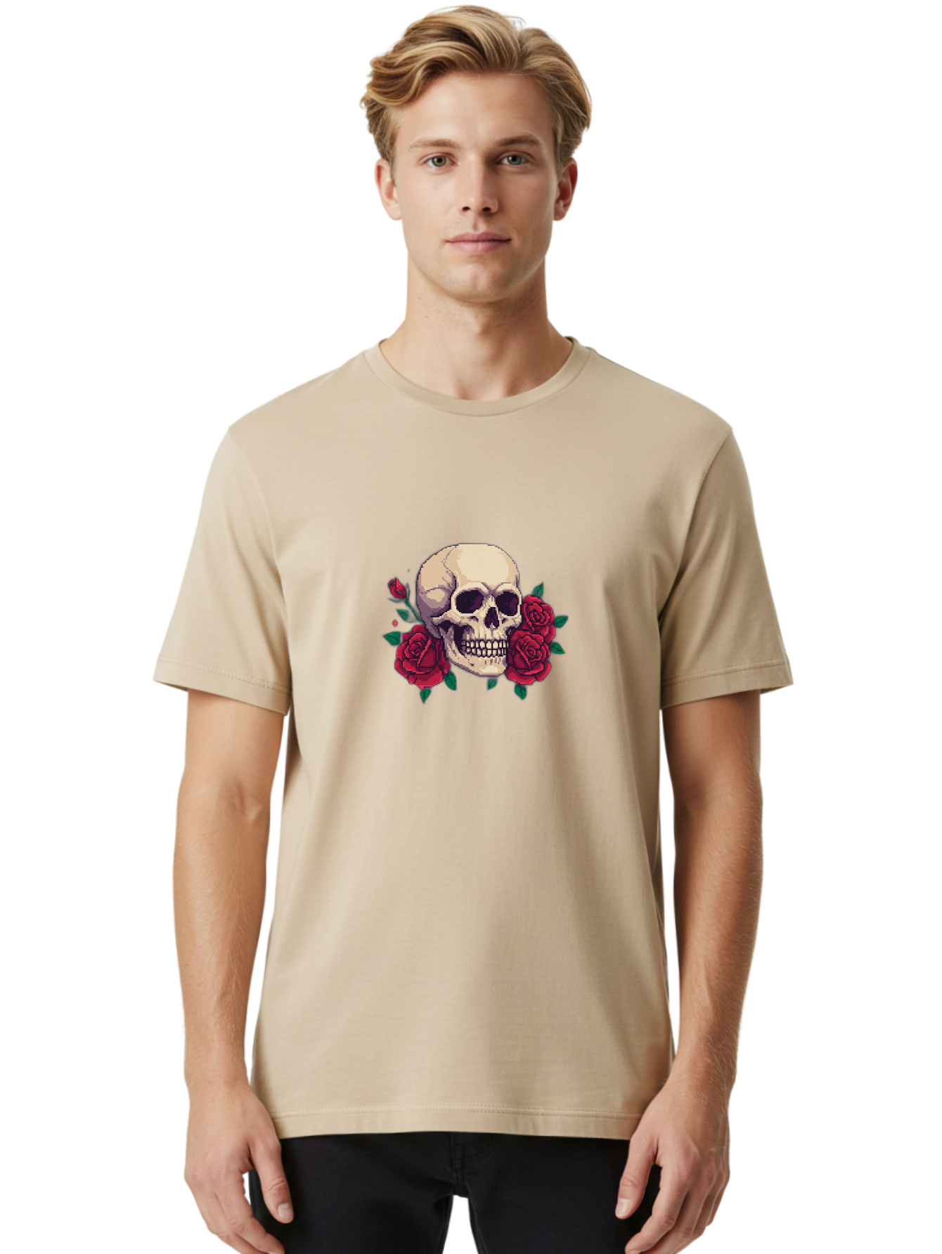 Skull-Pixel-Art Men'S Graphic Tee, 100% Cotton, Comfortable Casual Summer Wear, Machine Washable, Human Skull, Red Roses, Pixel Art, Gothic Style, Dark Beauty, Skull Decoration, Floral Skull, Goth Aesthetic, Pixelated Skull Bad604