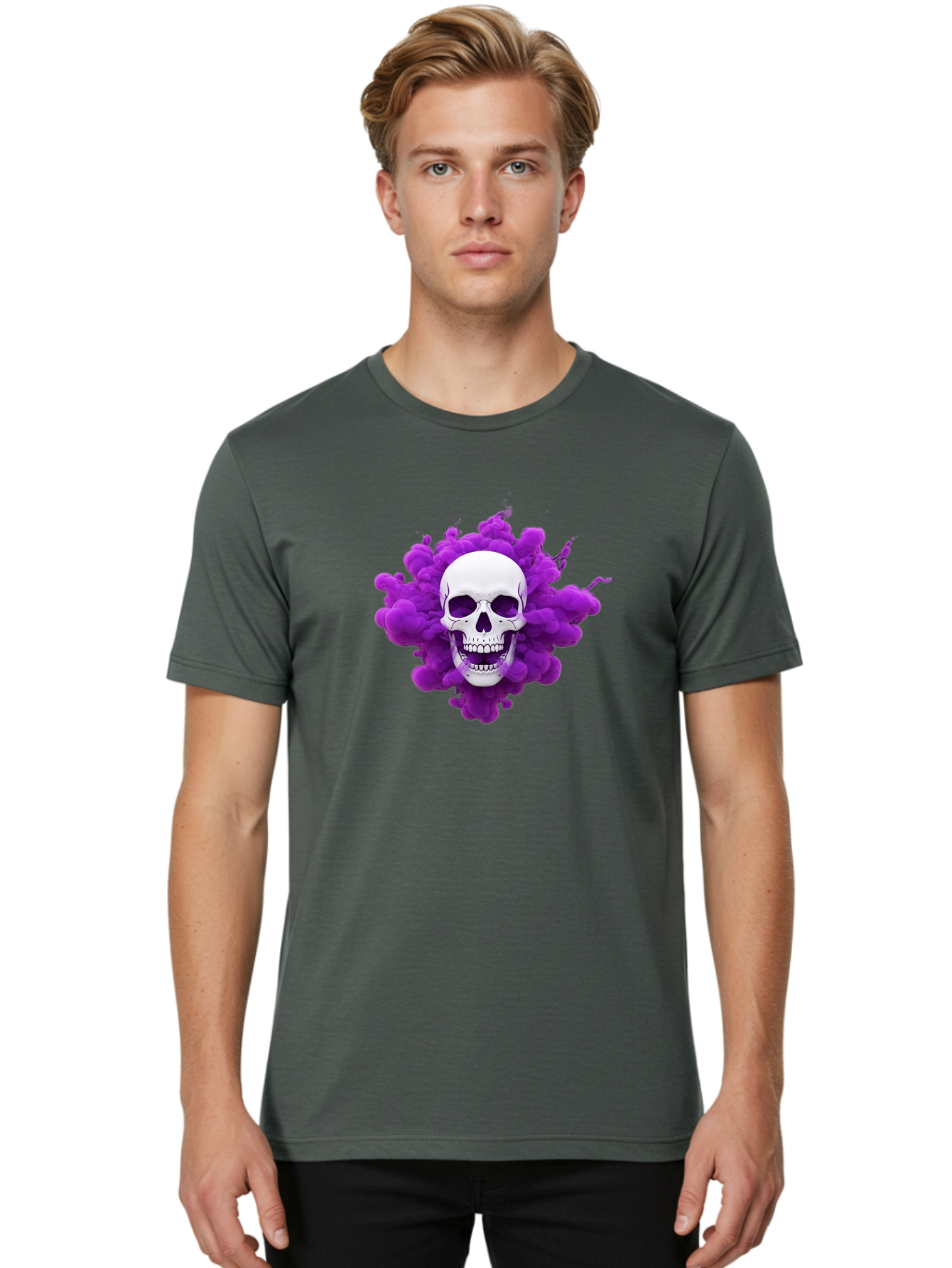 Skull-Purple-Smoke Men'S Graphic Tee, 100% Cotton, Comfortable Casual Summer Wear, Machine Washable, Human Skull, Purple Smoke, Dark Art, Gothic Style, Mysterious Atmosphere, Surreal Imagery, Edgy Design, Vibrant Purple Hue Bad605