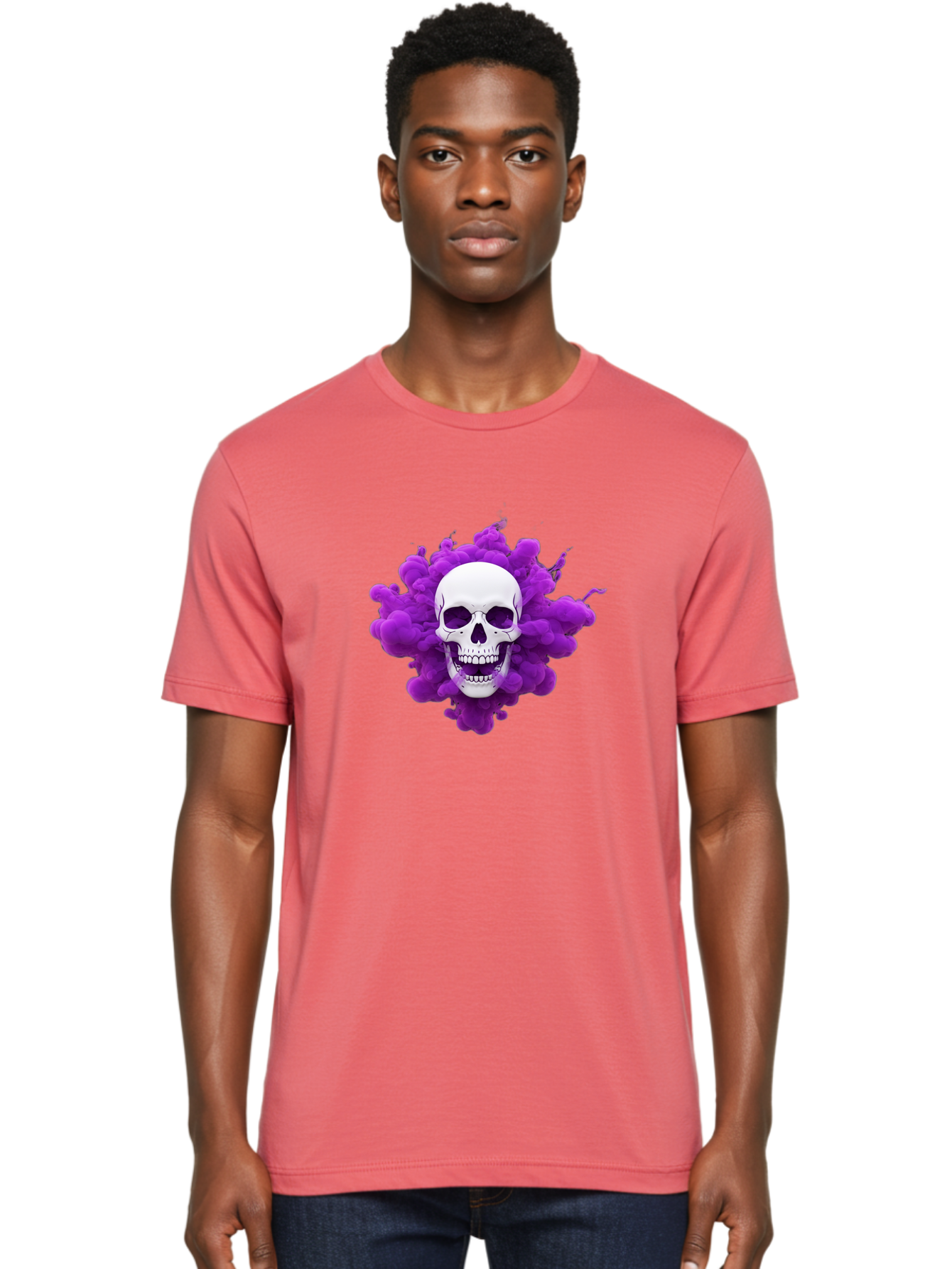 Skull-Purple-Smoke Men'S Graphic Tee, 100% Cotton, Comfortable Casual Summer Wear, Machine Washable, Human Skull, Purple Smoke, Dark Art, Gothic Style, Mysterious Atmosphere, Surreal Imagery, Edgy Design, Vibrant Purple Hue Bad605