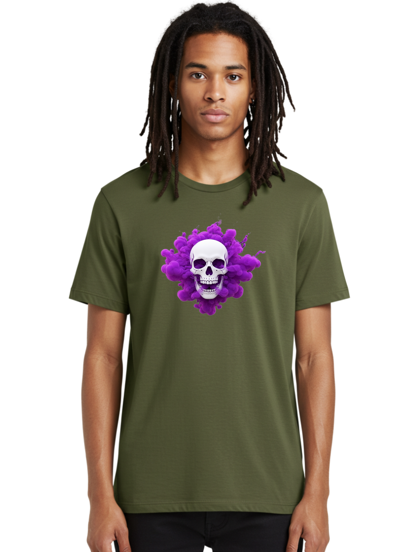 Skull-Purple-Smoke Men'S Graphic Tee, 100% Cotton, Comfortable Casual Summer Wear, Machine Washable, Human Skull, Purple Smoke, Dark Art, Gothic Style, Mysterious Atmosphere, Surreal Imagery, Edgy Design, Vibrant Purple Hue Bad605