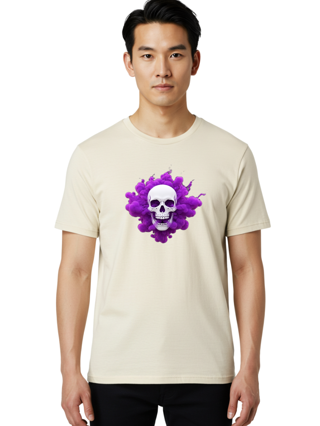 Skull-Purple-Smoke Men'S Graphic Tee, 100% Cotton, Comfortable Casual Summer Wear, Machine Washable, Human Skull, Purple Smoke, Dark Art, Gothic Style, Mysterious Atmosphere, Surreal Imagery, Edgy Design, Vibrant Purple Hue Bad605