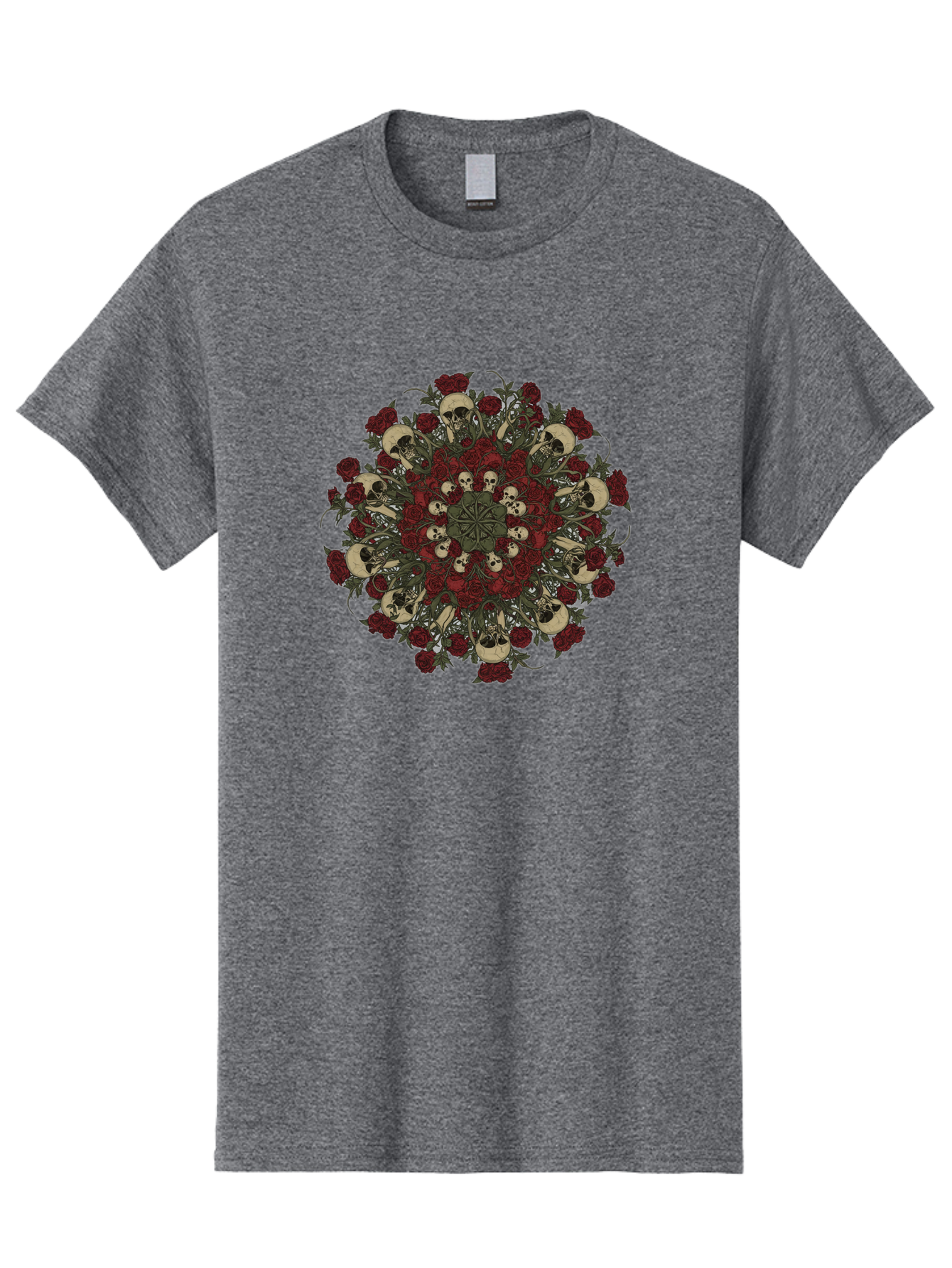 Skull-Rose-Mandala Men'S Graphic Tee, 100% Cotton, Comfortable Casual Summer Wear, Machine Washable, Skull Mandala, Dark Art, Floral Design, Red Roses, Skulls And Flowers, Intricate Patterns, Gothic Style, Mystical Symbols, Sacred Geometry, Bad606