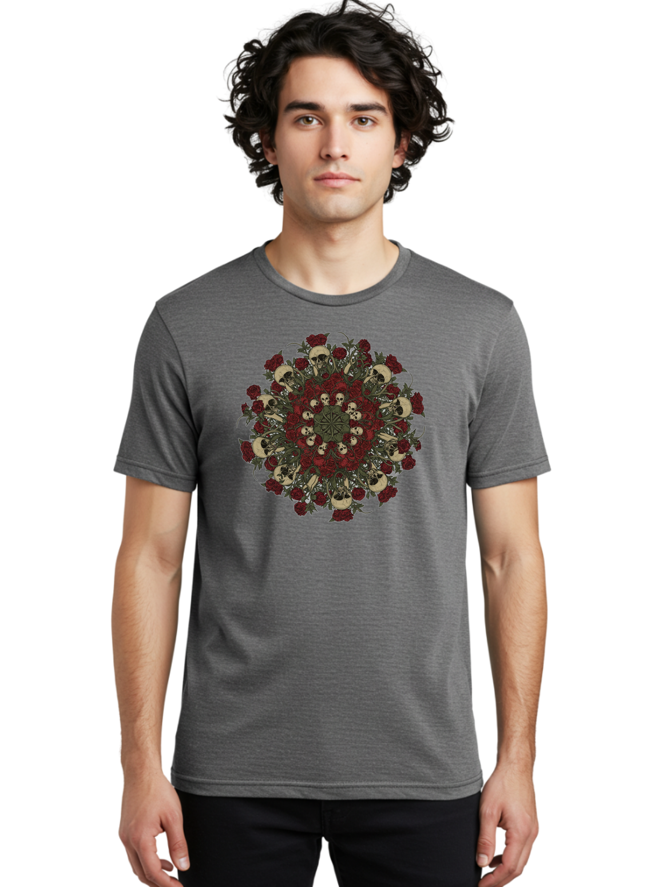 Skull-Rose-Mandala Men'S Graphic Tee, 100% Cotton, Comfortable Casual Summer Wear, Machine Washable, Skull Mandala, Dark Art, Floral Design, Red Roses, Skulls And Flowers, Intricate Patterns, Gothic Style, Mystical Symbols, Sacred Geometry, Bad606