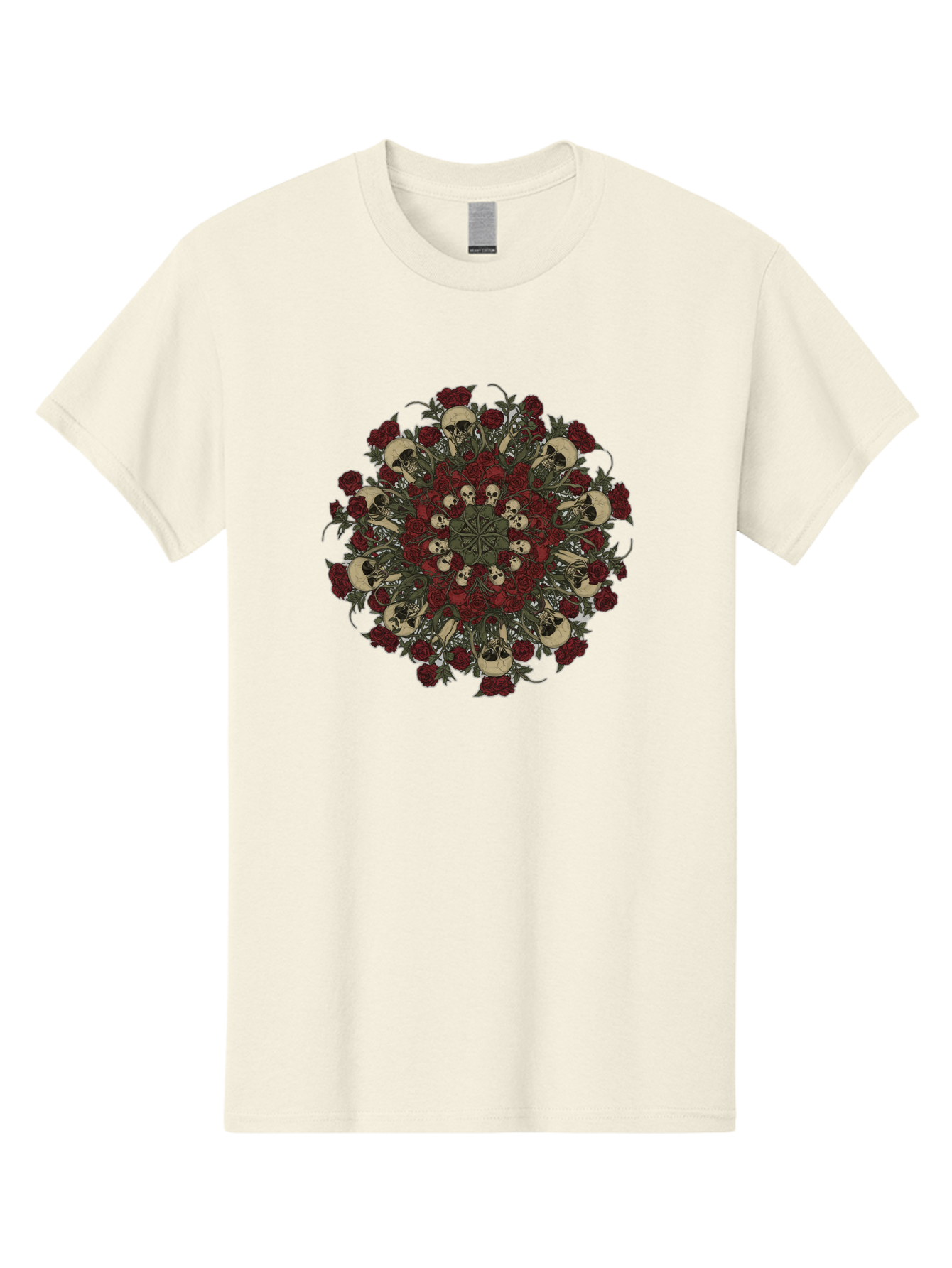Skull-Rose-Mandala Men'S Graphic Tee, 100% Cotton, Comfortable Casual Summer Wear, Machine Washable, Skull Mandala, Dark Art, Floral Design, Red Roses, Skulls And Flowers, Intricate Patterns, Gothic Style, Mystical Symbols, Sacred Geometry, Bad606