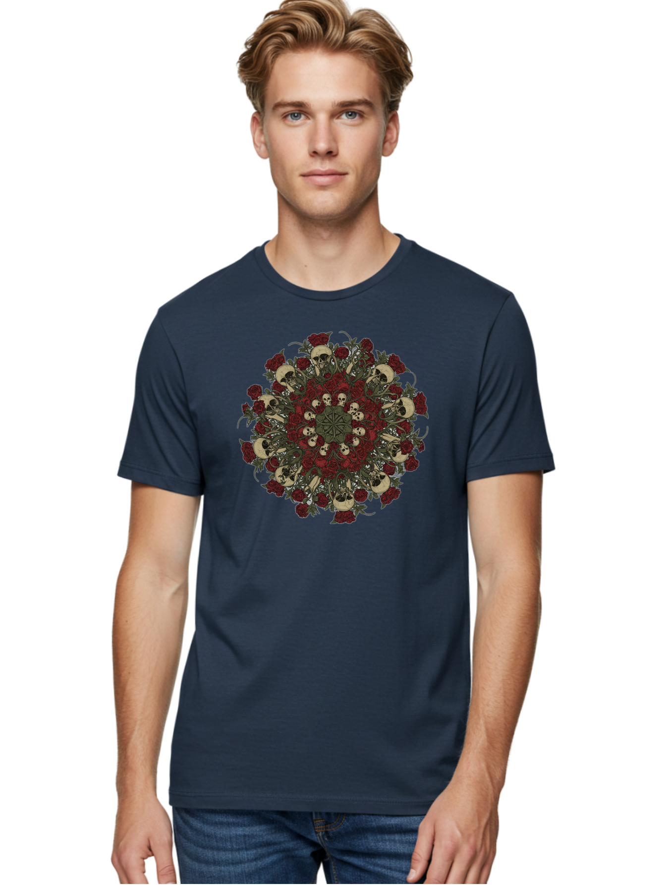 Skull-Rose-Mandala Men'S Graphic Tee, 100% Cotton, Comfortable Casual Summer Wear, Machine Washable, Skull Mandala, Dark Art, Floral Design, Red Roses, Skulls And Flowers, Intricate Patterns, Gothic Style, Mystical Symbols, Sacred Geometry, Bad606