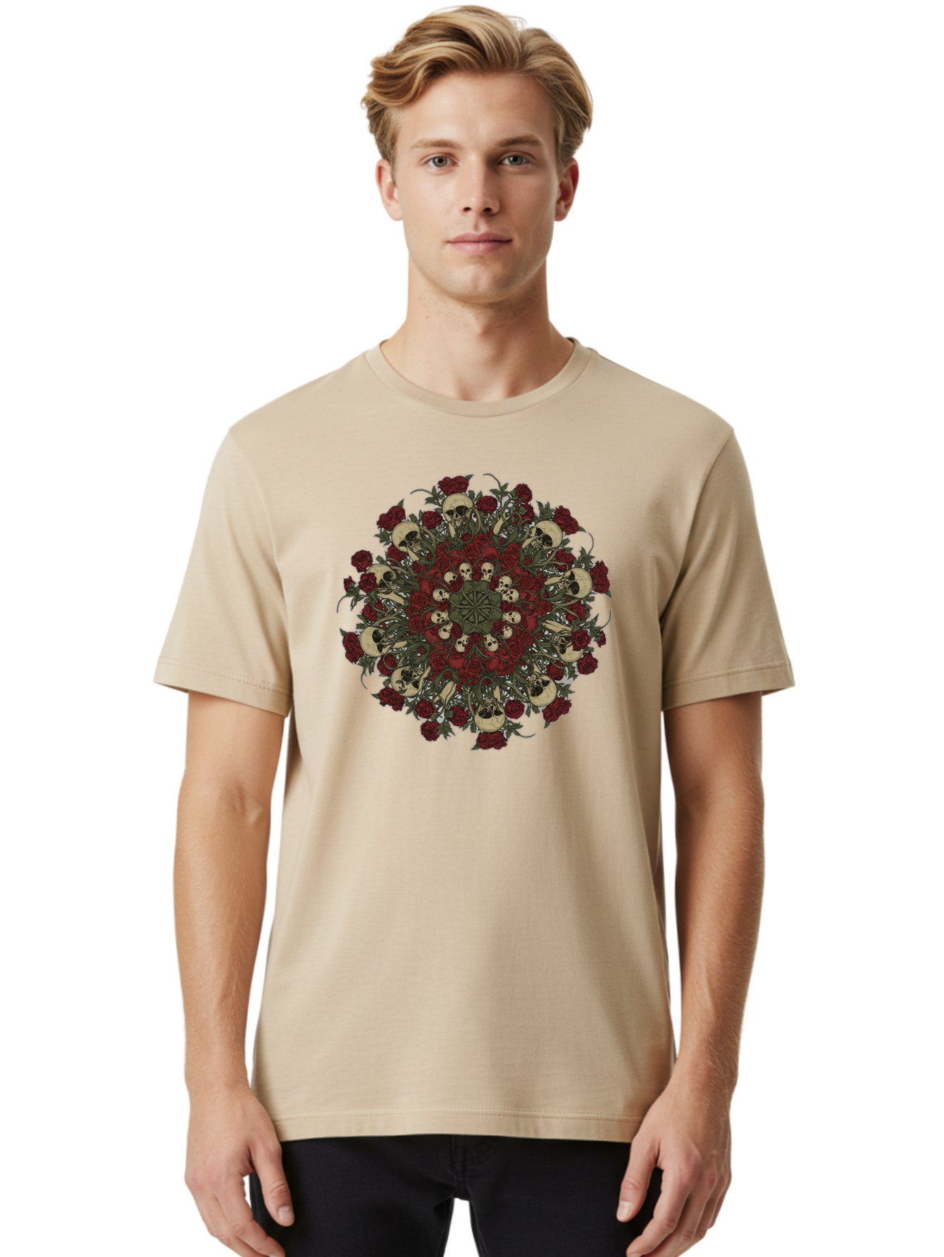 Skull-Rose-Mandala Men'S Graphic Tee, 100% Cotton, Comfortable Casual Summer Wear, Machine Washable, Skull Mandala, Dark Art, Floral Design, Red Roses, Skulls And Flowers, Intricate Patterns, Gothic Style, Mystical Symbols, Sacred Geometry, Bad606