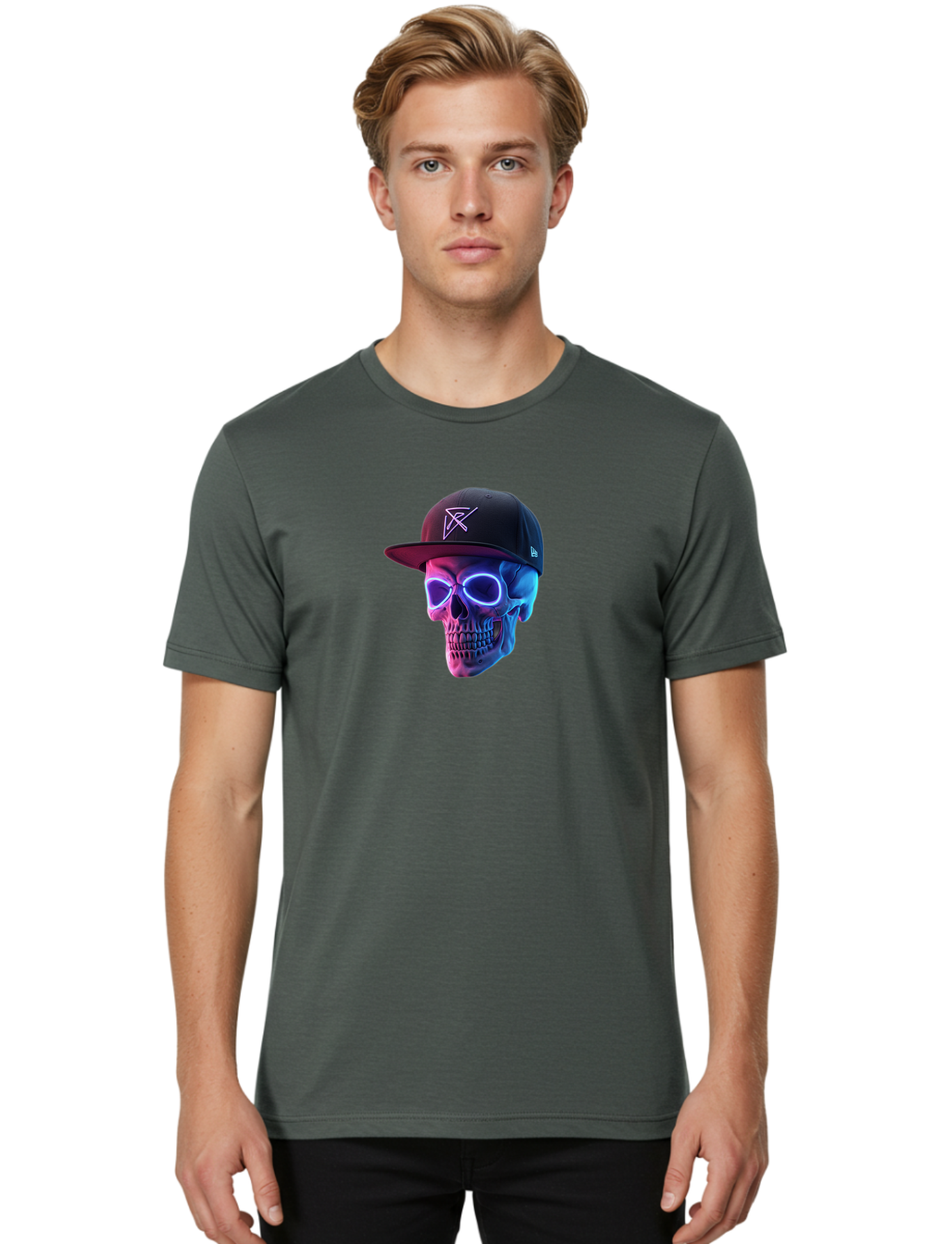Skull-With-Baseball-Cap Men'S Graphic Tee, 100% Cotton, Comfortable Casual Summer Wear, Machine Washable, Glowing Skull, Neon Eyes, Zx Hat Logo, Futuristic Design, Edgy Style, Bold Graphics, Streetwear Fashion, Skull Art Bad607