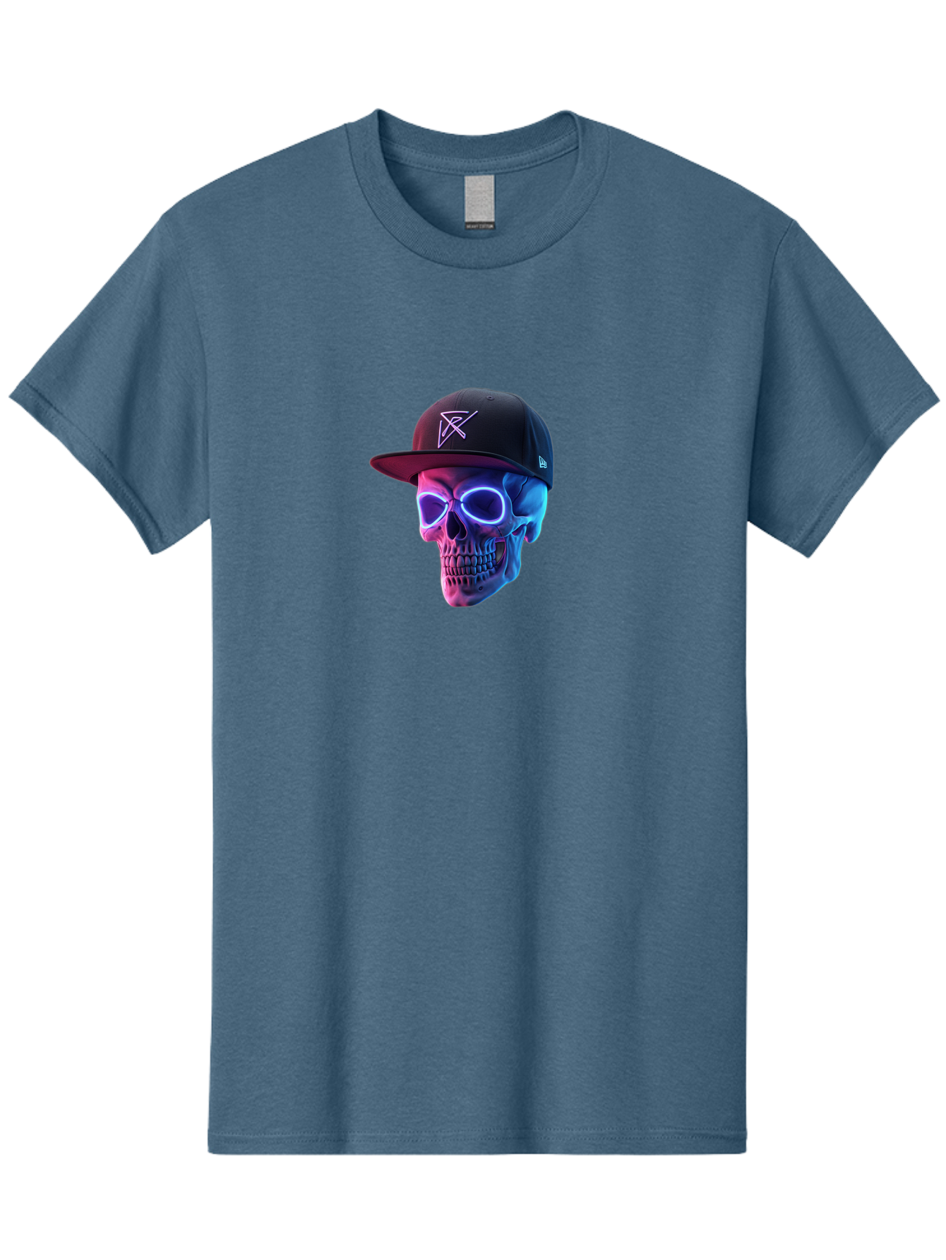 Skull-With-Baseball-Cap Men'S Graphic Tee, 100% Cotton, Comfortable Casual Summer Wear, Machine Washable, Glowing Skull, Neon Eyes, Zx Hat Logo, Futuristic Design, Edgy Style, Bold Graphics, Streetwear Fashion, Skull Art Bad607