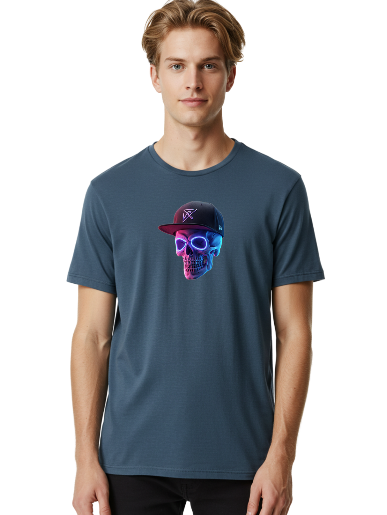 Skull-With-Baseball-Cap Men'S Graphic Tee, 100% Cotton, Comfortable Casual Summer Wear, Machine Washable, Glowing Skull, Neon Eyes, Zx Hat Logo, Futuristic Design, Edgy Style, Bold Graphics, Streetwear Fashion, Skull Art Bad607
