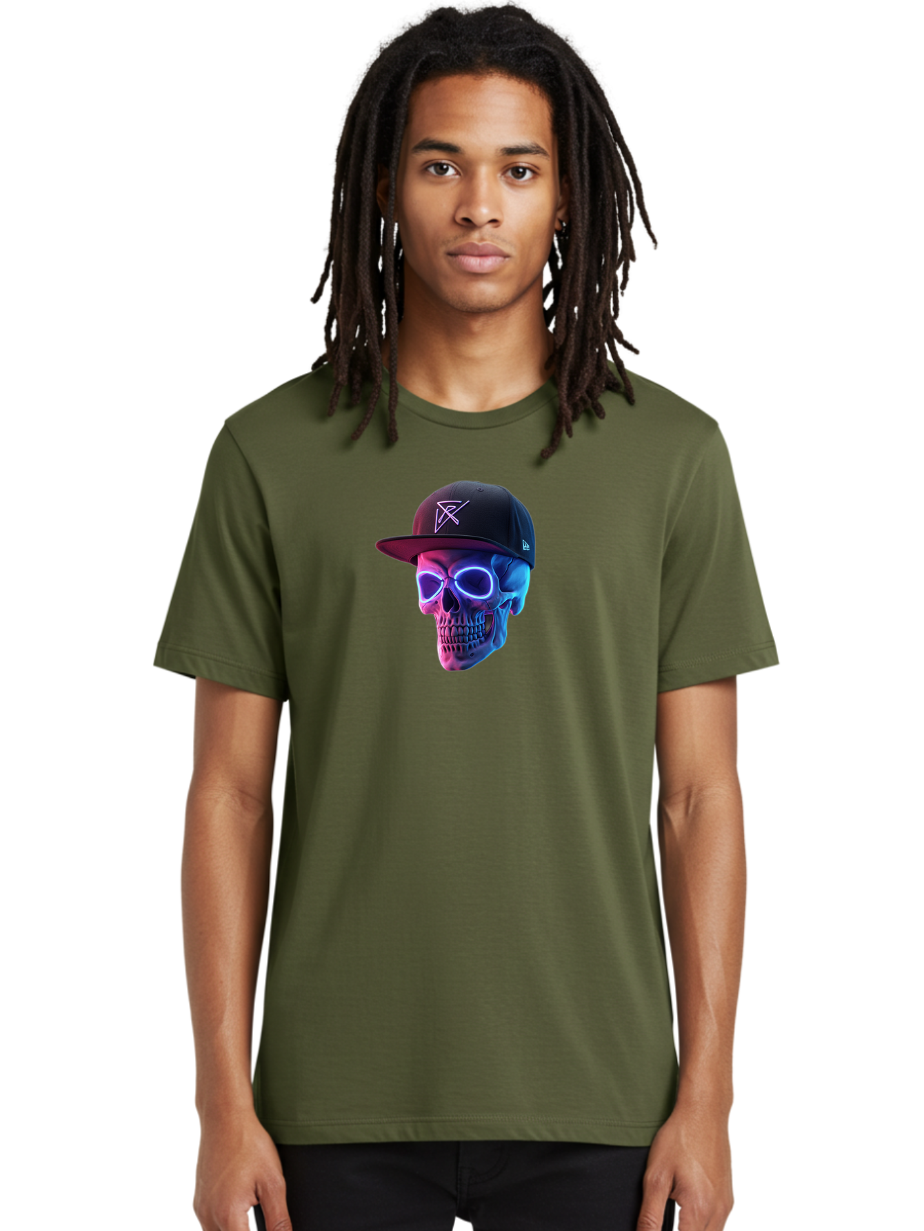 Skull-With-Baseball-Cap Men'S Graphic Tee, 100% Cotton, Comfortable Casual Summer Wear, Machine Washable, Glowing Skull, Neon Eyes, Zx Hat Logo, Futuristic Design, Edgy Style, Bold Graphics, Streetwear Fashion, Skull Art Bad607