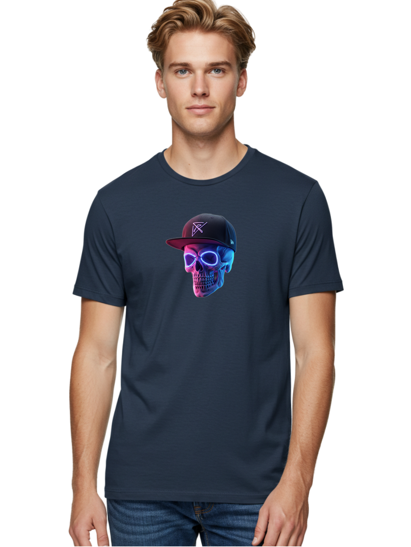Skull-With-Baseball-Cap Men'S Graphic Tee, 100% Cotton, Comfortable Casual Summer Wear, Machine Washable, Glowing Skull, Neon Eyes, Zx Hat Logo, Futuristic Design, Edgy Style, Bold Graphics, Streetwear Fashion, Skull Art Bad607