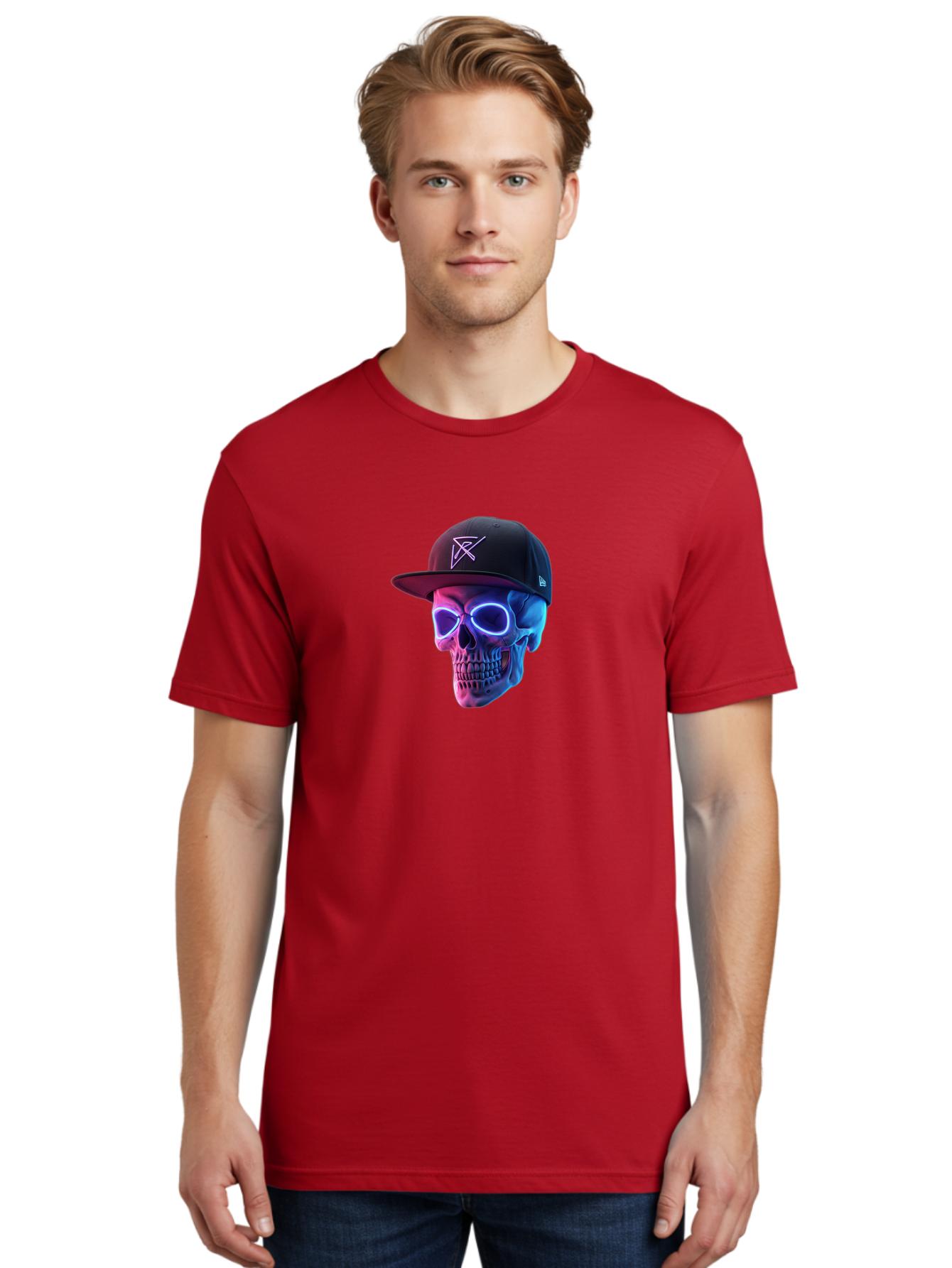 Skull-With-Baseball-Cap Men'S Graphic Tee, 100% Cotton, Comfortable Casual Summer Wear, Machine Washable, Glowing Skull, Neon Eyes, Zx Hat Logo, Futuristic Design, Edgy Style, Bold Graphics, Streetwear Fashion, Skull Art Bad607
