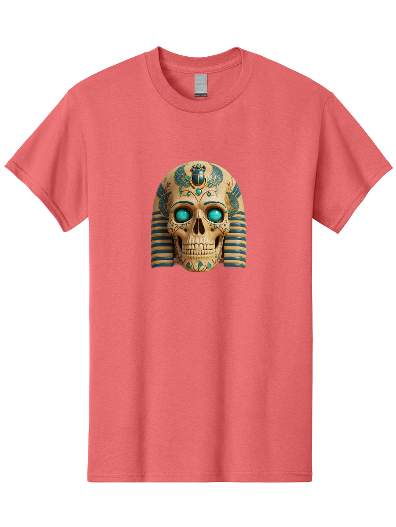 Skull-With-Egyptian-Headdress Men'S Graphic Tee, 100% Cotton, Comfortable Casual Summer Wear, Machine Washable, Ancient Egyptian Skull, Pharaoh'S Mask, Turquoise Gemstones, Blue Stripes, Scarab Beetle, Mystical Symbols, Intricate Designs, Bad608