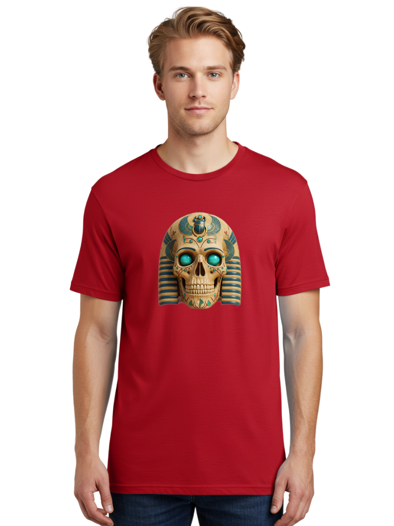 Skull-With-Egyptian-Headdress Men'S Graphic Tee, 100% Cotton, Comfortable Casual Summer Wear, Machine Washable, Ancient Egyptian Skull, Pharaoh'S Mask, Turquoise Gemstones, Blue Stripes, Scarab Beetle, Mystical Symbols, Intricate Designs, Bad608