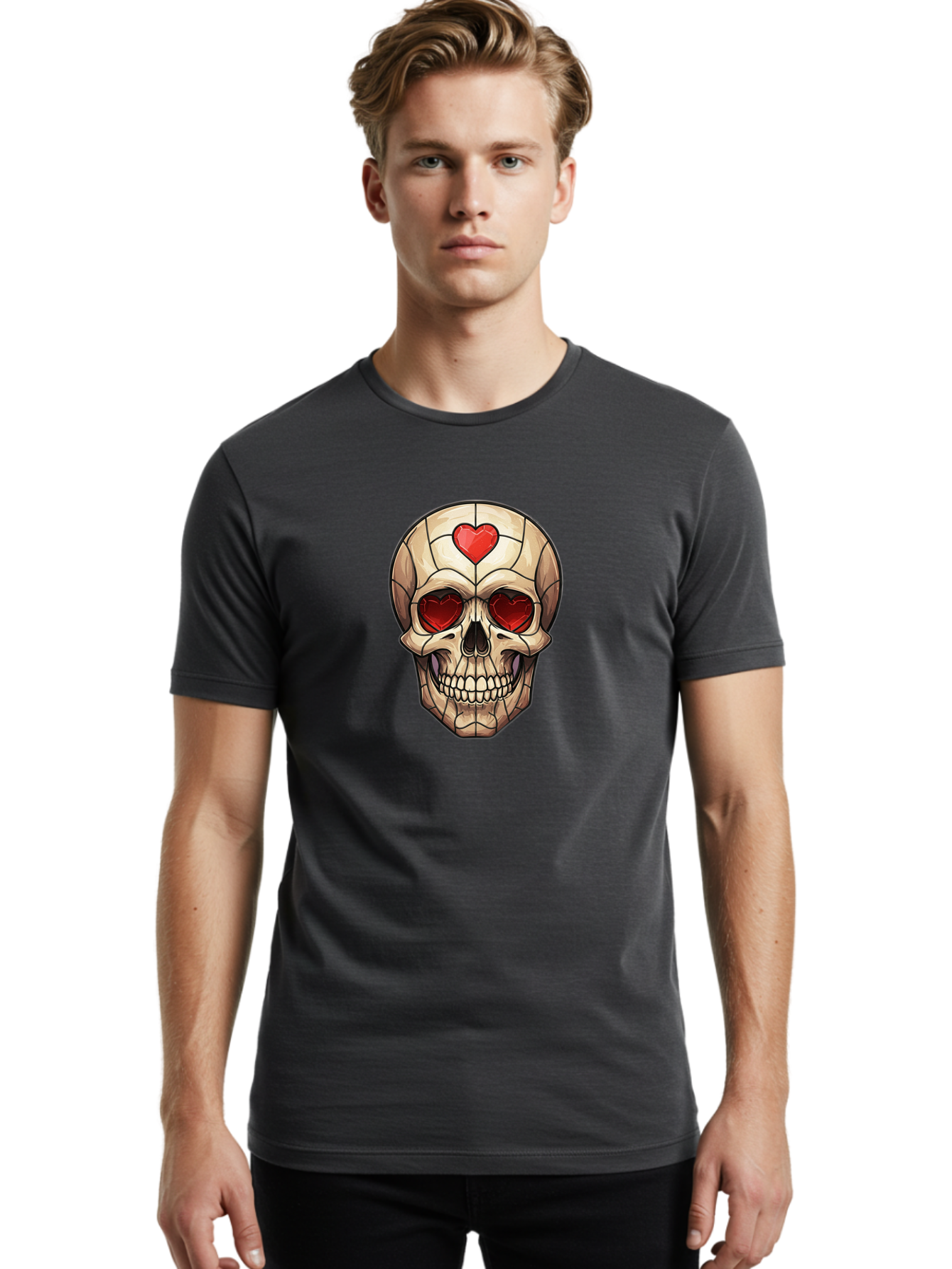 Skull-With-Heart-Eyes Men'S Graphic Tee, 100% Cotton, Comfortable Casual Summer Wear, Machine Washable, Cartoon Skull, Red Heart Eyes, Love Symbol, Grunge Art, Edgy Design, Tattoo Inspiration, Gothic Style, Heart-Shaped Eyes, Skull Art, Bad609