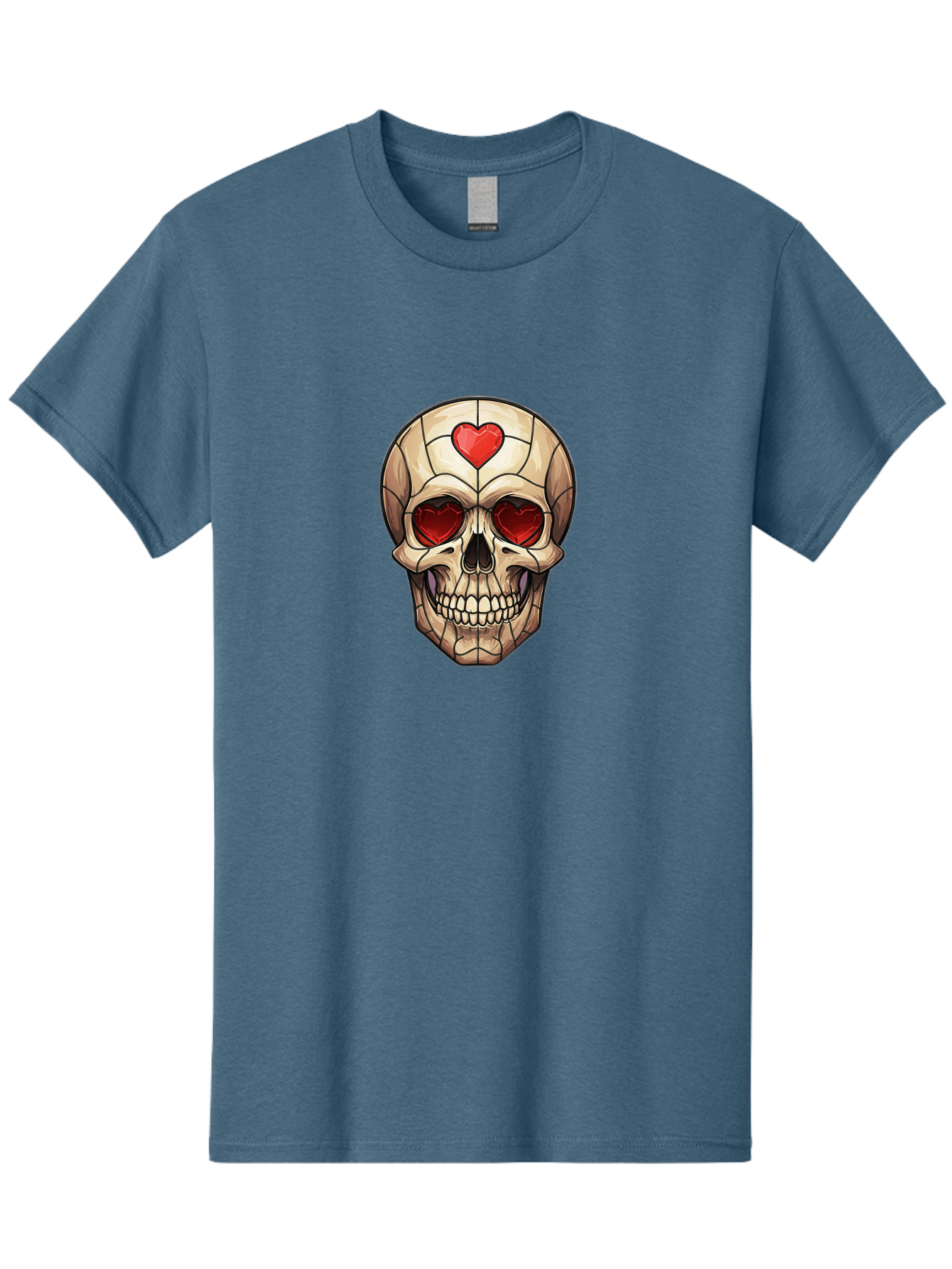 Skull-With-Heart-Eyes Men'S Graphic Tee, 100% Cotton, Comfortable Casual Summer Wear, Machine Washable, Cartoon Skull, Red Heart Eyes, Love Symbol, Grunge Art, Edgy Design, Tattoo Inspiration, Gothic Style, Heart-Shaped Eyes, Skull Art, Bad609