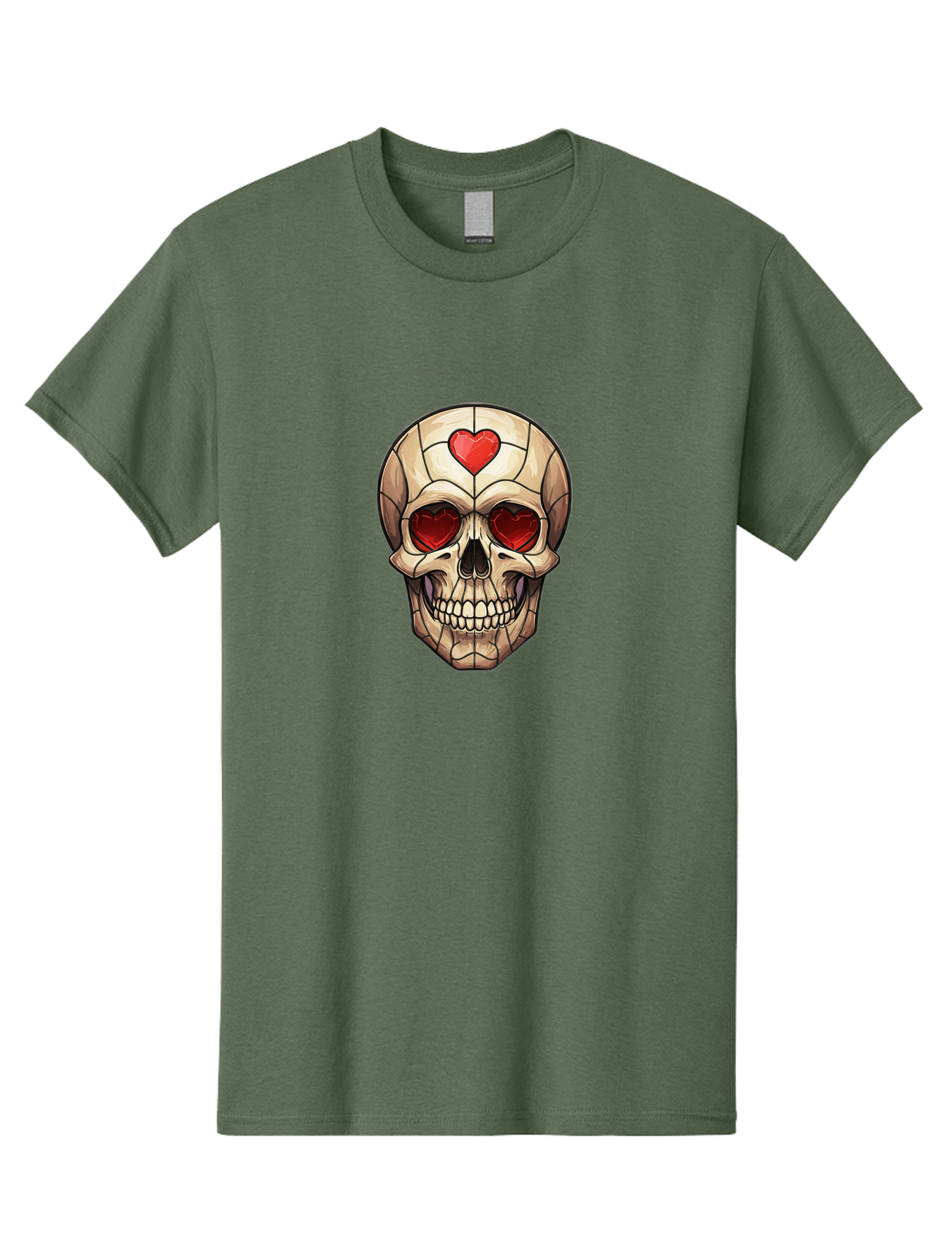 Skull-With-Heart-Eyes Men'S Graphic Tee, 100% Cotton, Comfortable Casual Summer Wear, Machine Washable, Cartoon Skull, Red Heart Eyes, Love Symbol, Grunge Art, Edgy Design, Tattoo Inspiration, Gothic Style, Heart-Shaped Eyes, Skull Art, Bad609