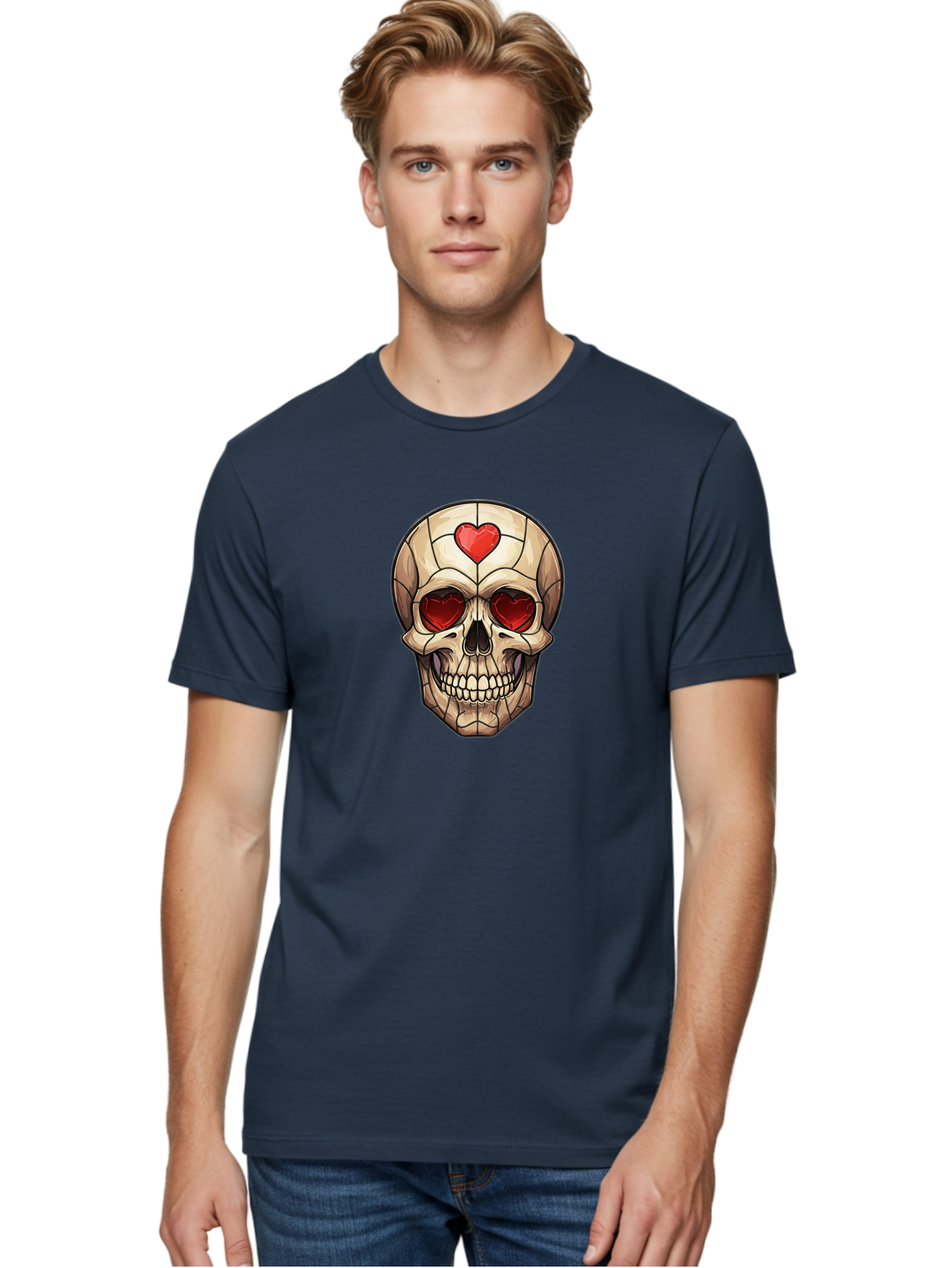Skull-With-Heart-Eyes Men'S Graphic Tee, 100% Cotton, Comfortable Casual Summer Wear, Machine Washable, Cartoon Skull, Red Heart Eyes, Love Symbol, Grunge Art, Edgy Design, Tattoo Inspiration, Gothic Style, Heart-Shaped Eyes, Skull Art, Bad609