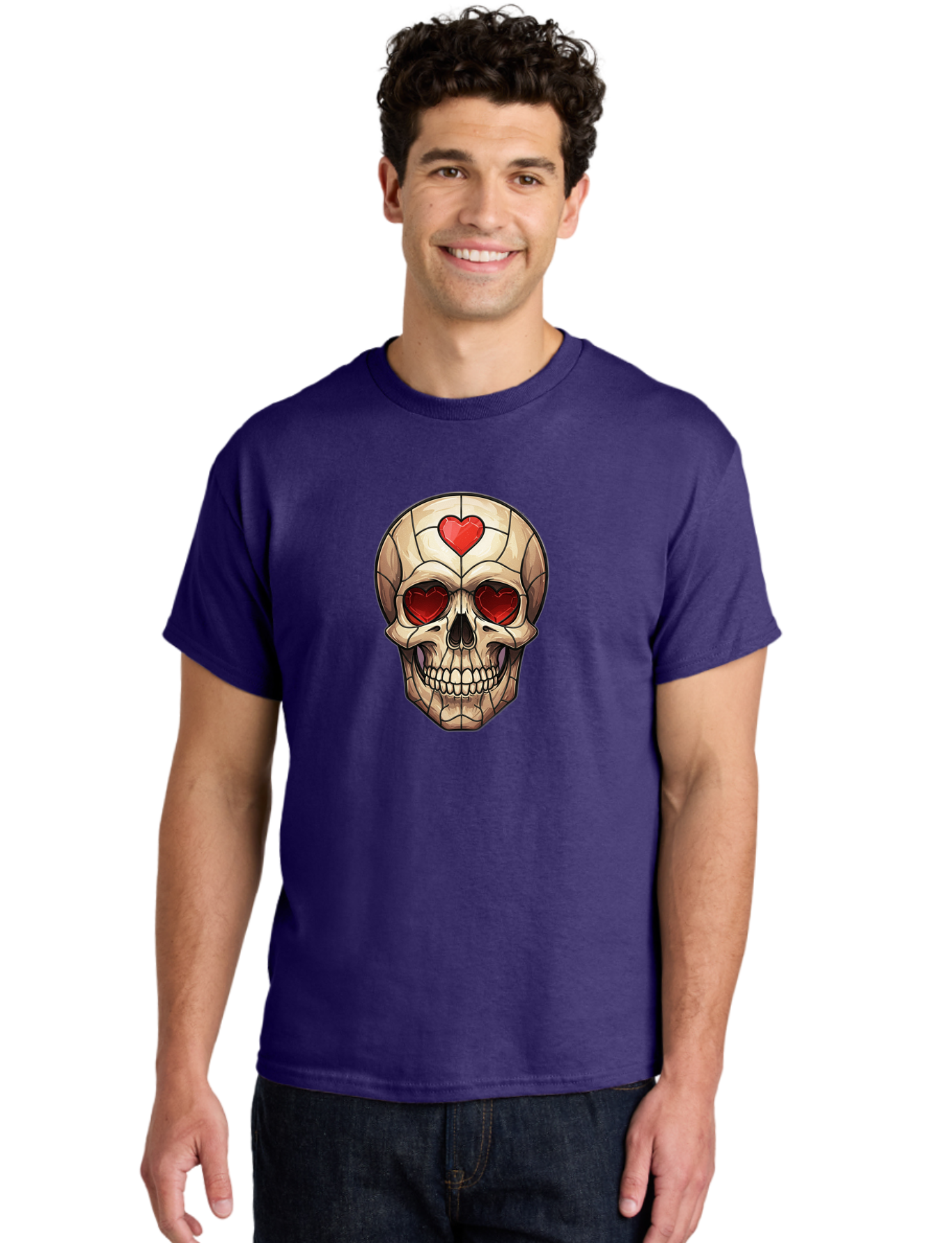 Skull-With-Heart-Eyes Men'S Graphic Tee, 100% Cotton, Comfortable Casual Summer Wear, Machine Washable, Cartoon Skull, Red Heart Eyes, Love Symbol, Grunge Art, Edgy Design, Tattoo Inspiration, Gothic Style, Heart-Shaped Eyes, Skull Art, Bad609